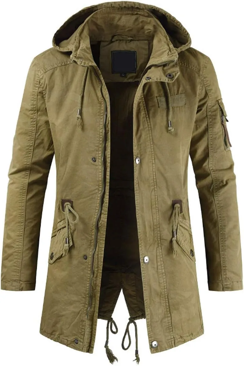 chouyatou Men's Spring Military Full-Zip Removable Hooded Cotton Mid-Long Parka Jacket Coat