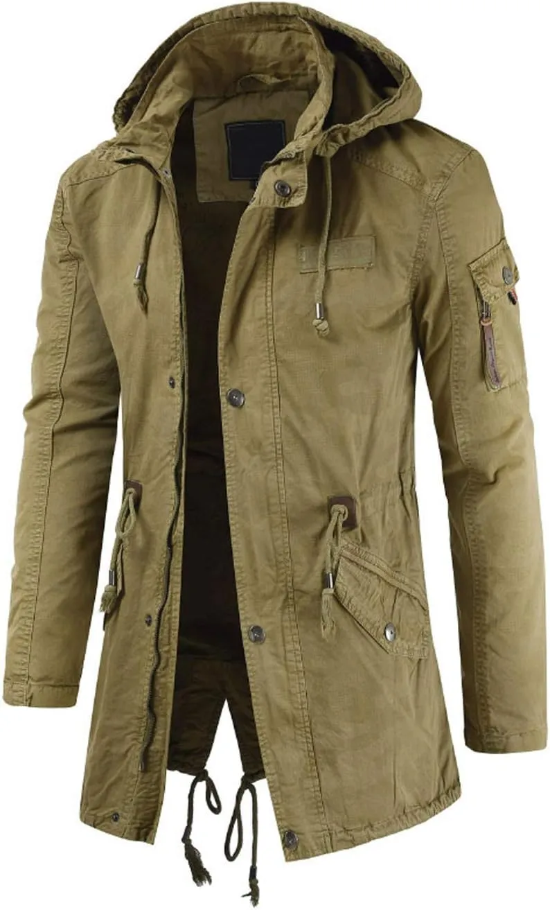 chouyatou Men's Spring Military Full-Zip Removable Hooded Cotton Mid-Long Parka Jacket Coat