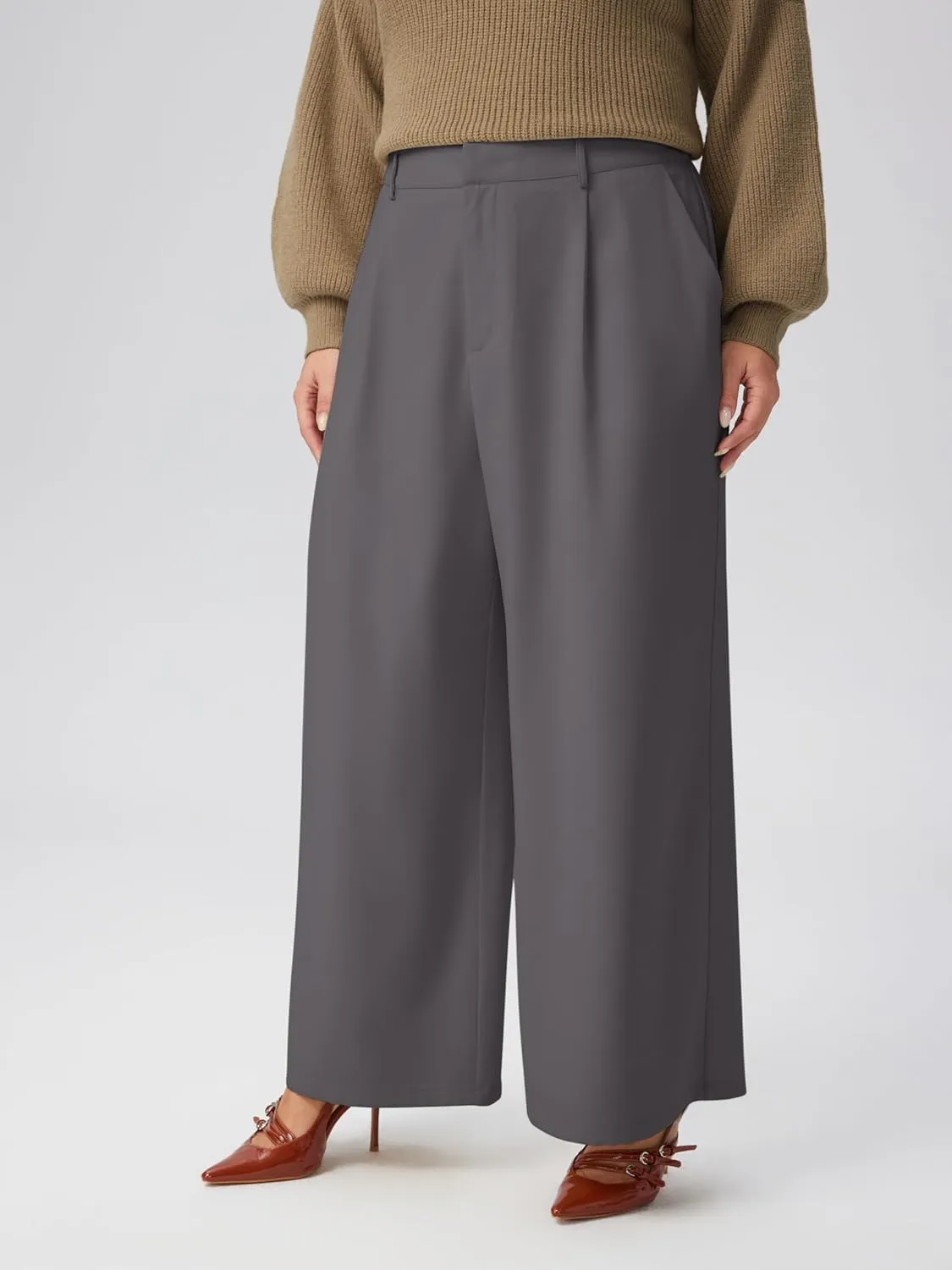 CIDER Mid Waist Pleated Pocket Wide Leg Pants Curve & Plus