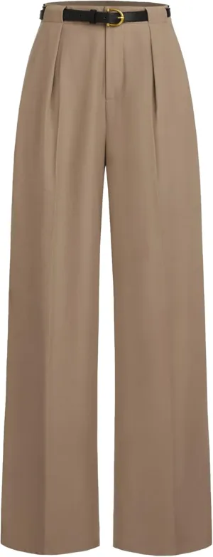 CIDER Mid Waist Solid Pocket Straight Leg Trousers with Belt