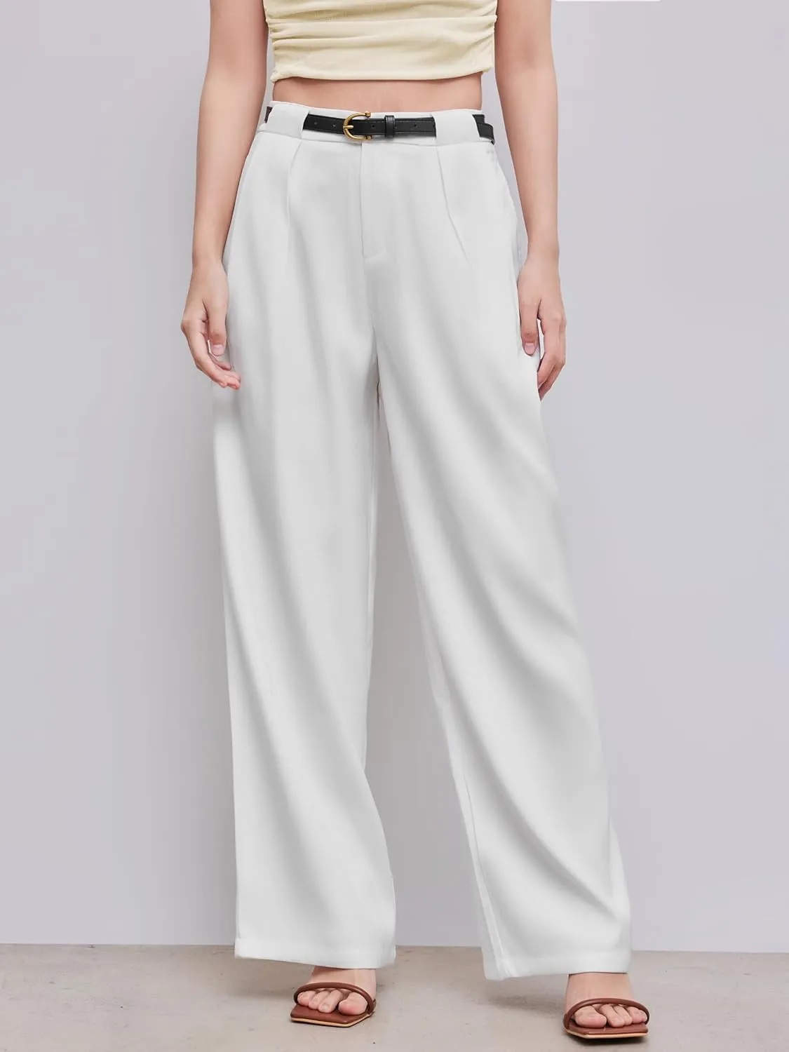 CIDER Mid Waist Solid Pocket Straight Leg Trousers with Belt