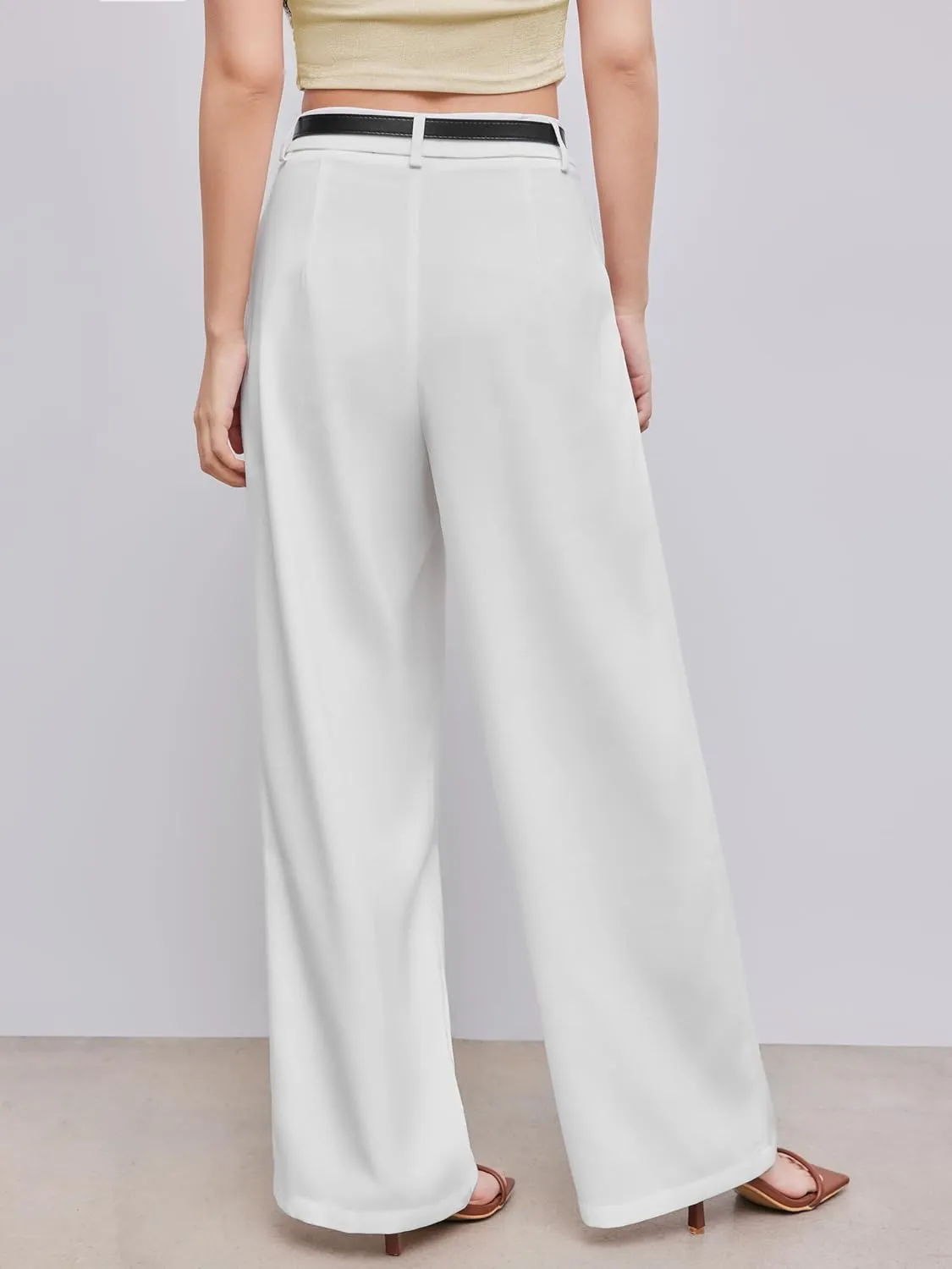 CIDER Mid Waist Solid Pocket Straight Leg Trousers with Belt