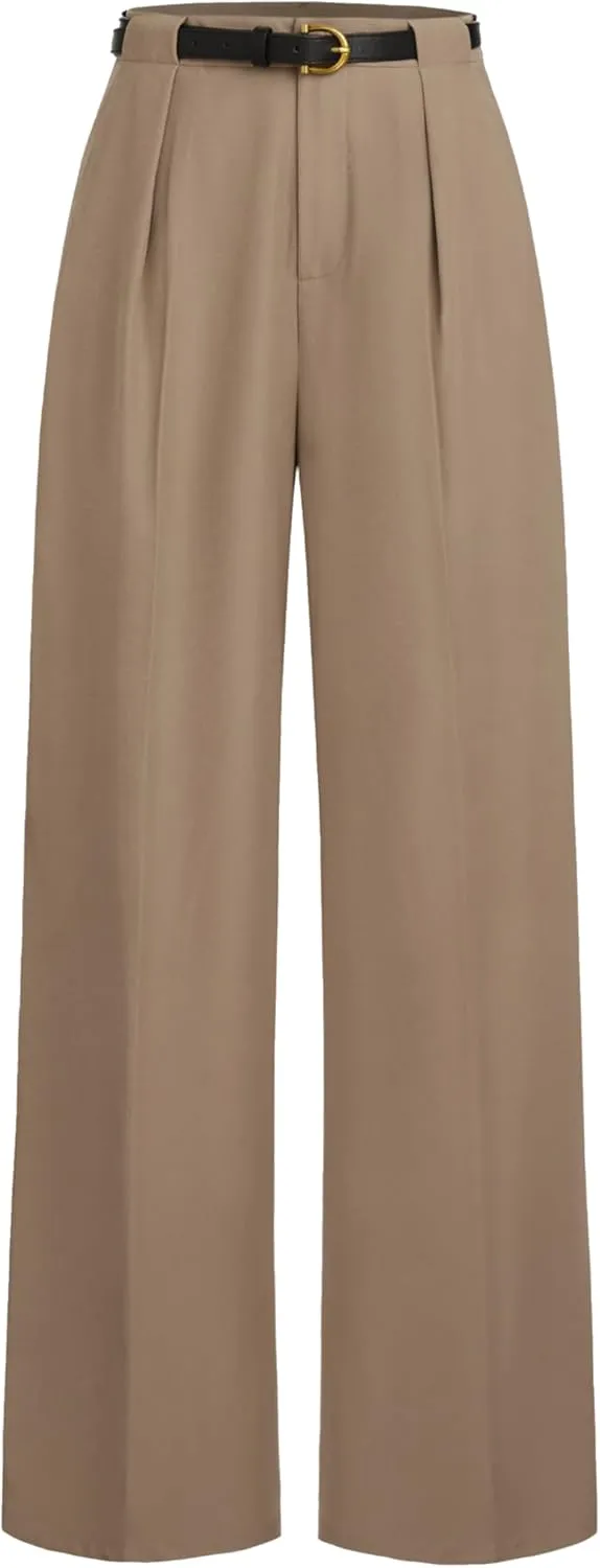 CIDER Mid Waist Solid Pocket Straight Leg Trousers with Belt