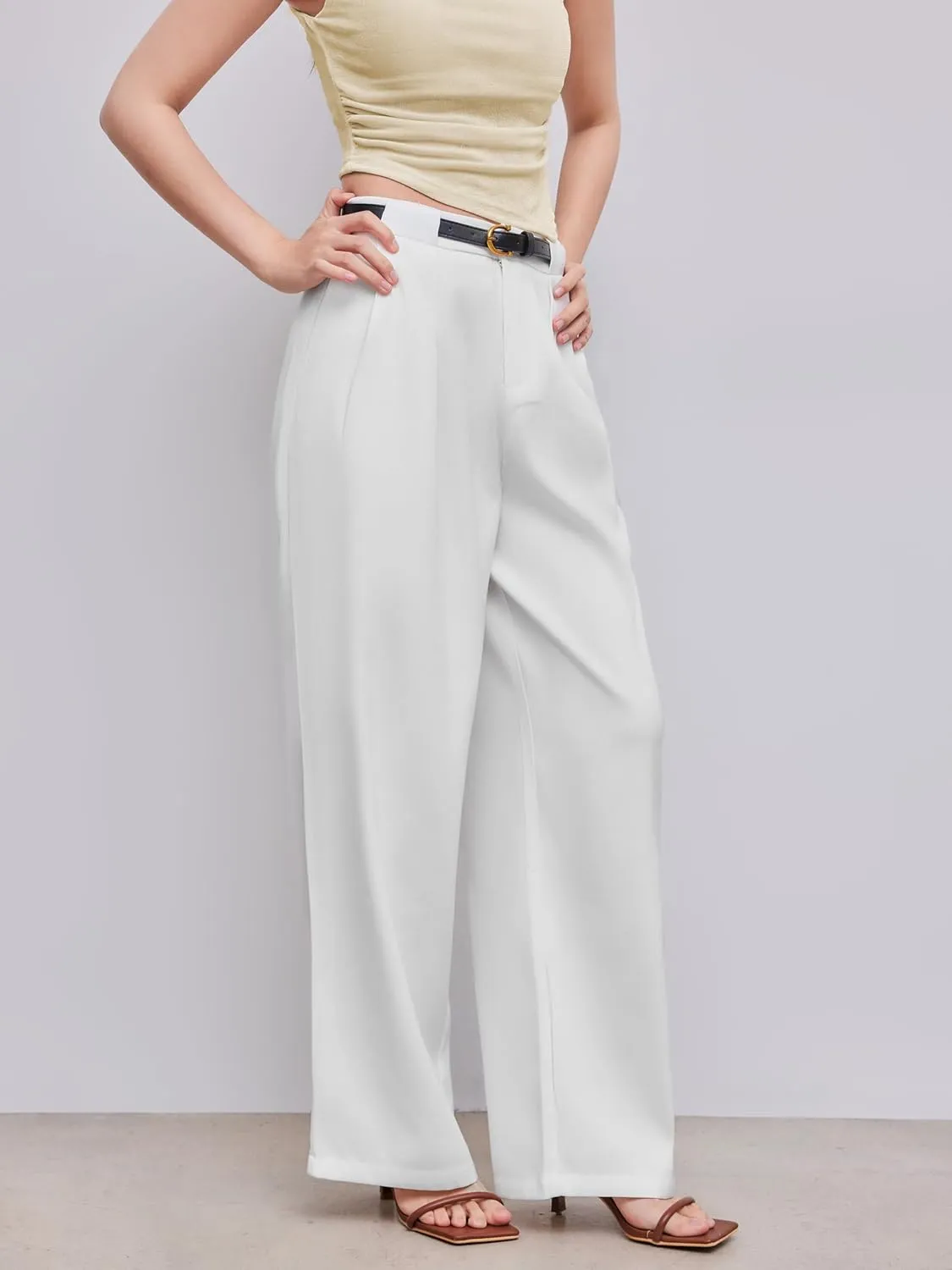 CIDER Mid Waist Solid Pocket Straight Leg Trousers with Belt