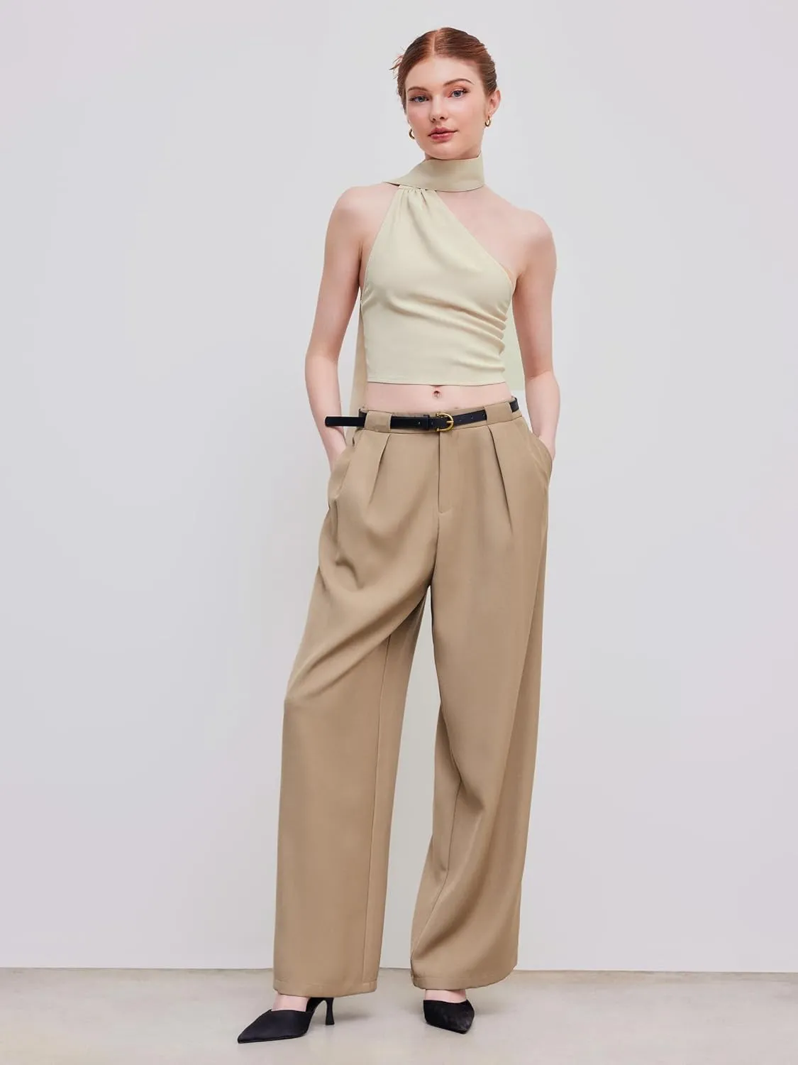 CIDER Mid Waist Solid Pocket Straight Leg Trousers with Belt