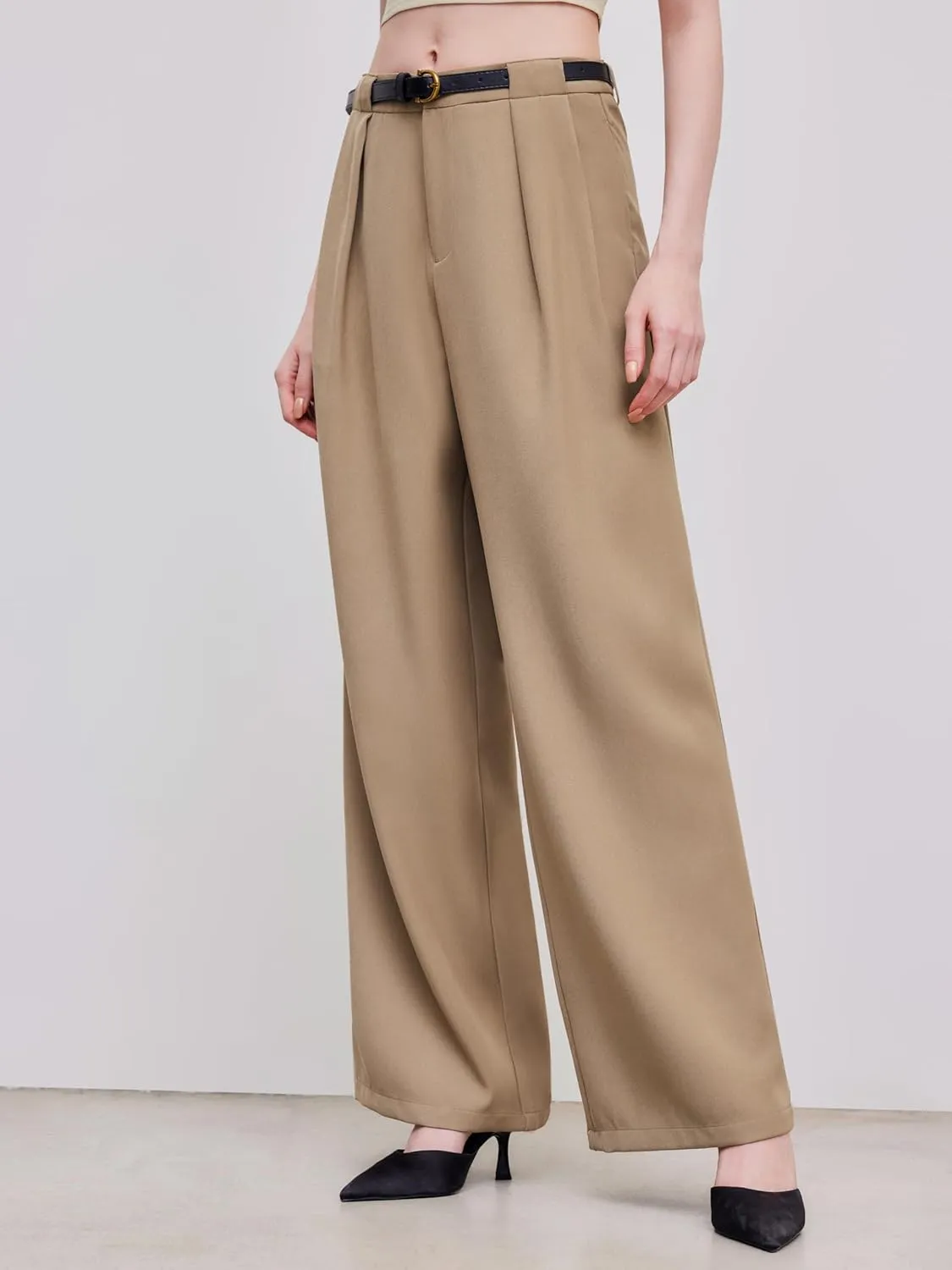 CIDER Mid Waist Solid Pocket Straight Leg Trousers with Belt