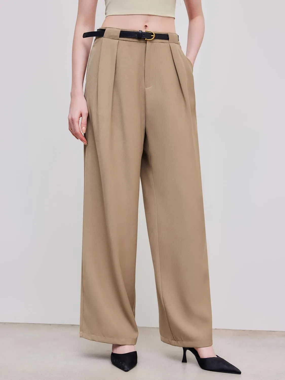 CIDER Mid Waist Solid Pocket Straight Leg Trousers with Belt