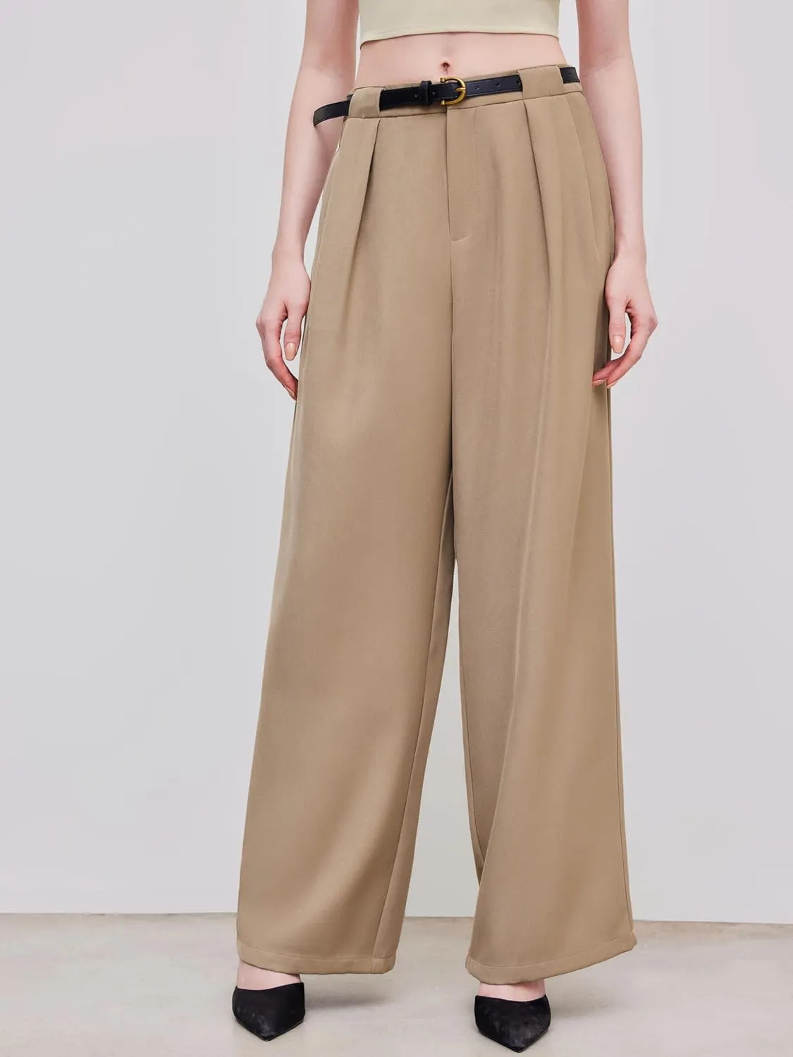 CIDER Mid Waist Solid Pocket Straight Leg Trousers with Belt