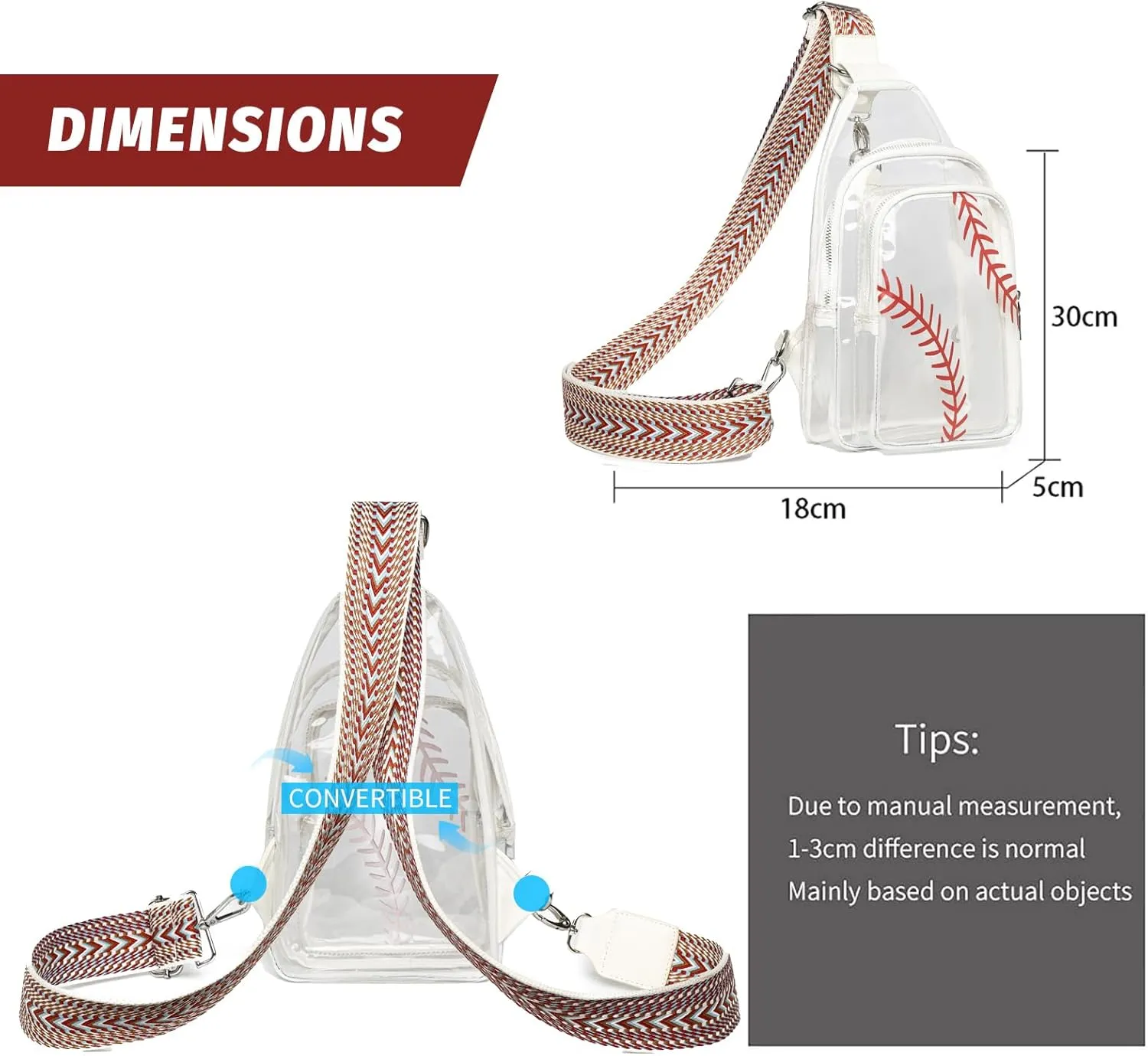 Clear Baseball Bag for Stadium Events, Clear Sling Bag Purses for women Crossbody Transparent, Crossbody Purses for Concerts Sports