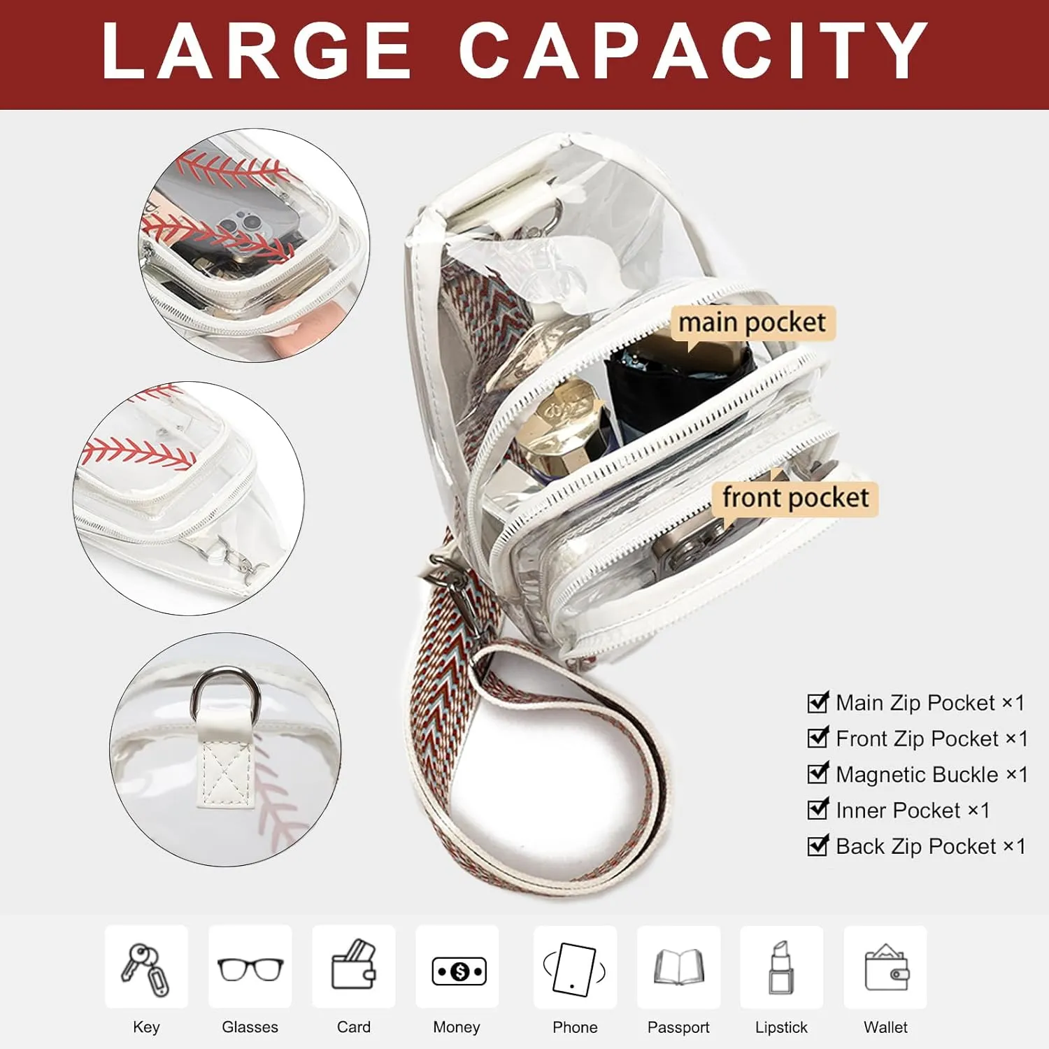 Clear Baseball Bag for Stadium Events, Clear Sling Bag Purses for women Crossbody Transparent, Crossbody Purses for Concerts Sports