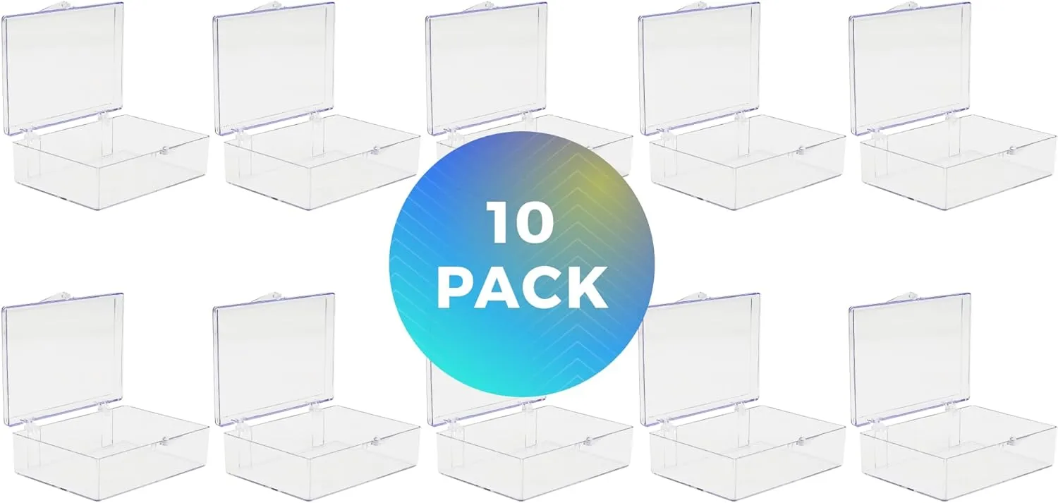 Clear Hard Plastic Hinged Lid Box, Trading Card Storage Box and Display Case for Collectibles, 3 1/2" L x 2 9/16" W x 1" H, 10 Boxes, Made in USA