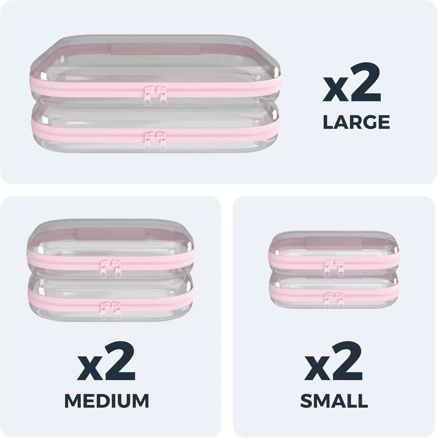 Clear Hard Zipper Case 6 Pack, Clear Travel Makeup Bag, Travel Toiletry Bag for Women, Pink Zippered Toy Storage, Make Up Organizer Pouch, Hard Plastic Toiletry Organizer, 2x 14" 2x 10" 2x 8"