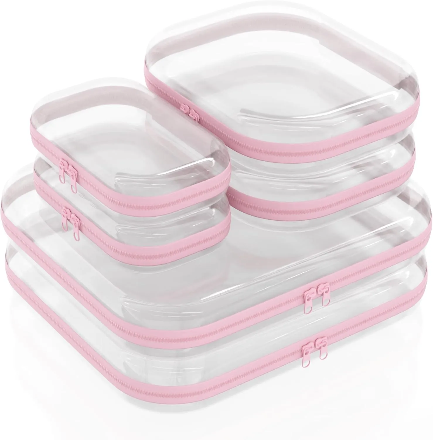 Clear Hard Zipper Case 6 Pack, Clear Travel Makeup Bag, Travel Toiletry Bag for Women, Pink Zippered Toy Storage, Make Up Organizer Pouch, Hard Plastic Toiletry Organizer, 2x 14" 2x 10" 2x 8"