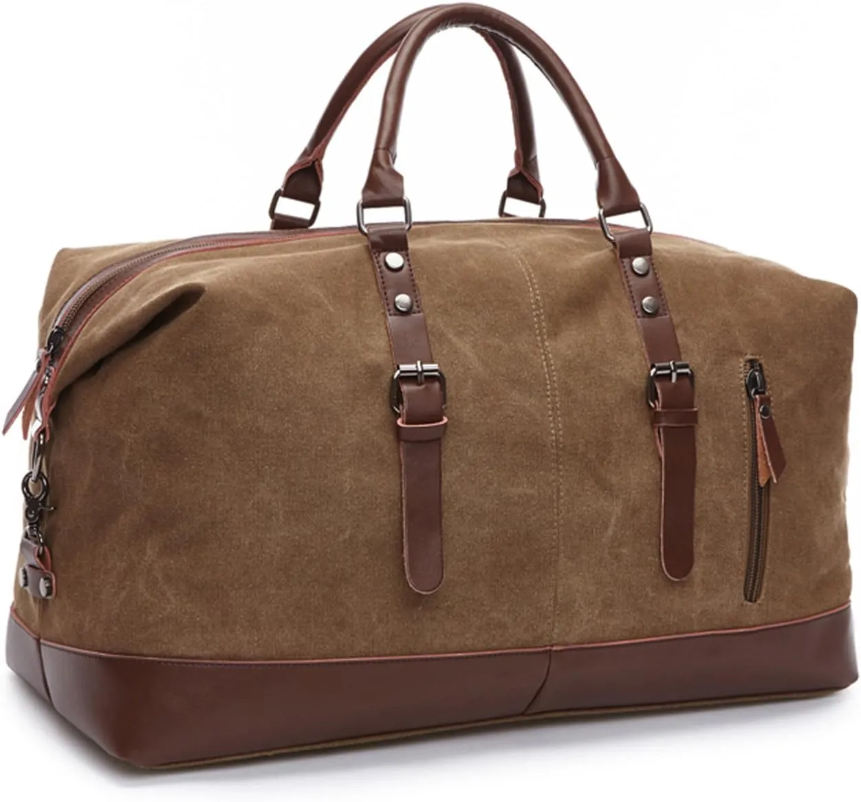 Coffee Canvas PU Leather Travel Tote Duffel Bag Carry on Bag Weekender Overnight Bag 21.3'' L x 13'' H x 9.4'' D