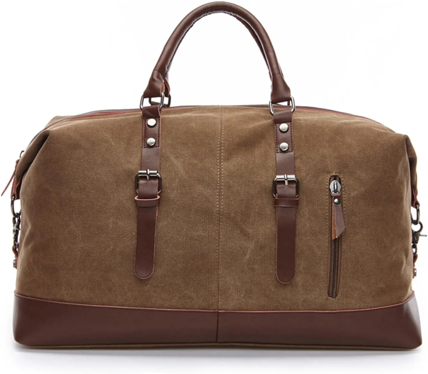 Coffee Canvas PU Leather Travel Tote Duffel Bag Carry on Bag Weekender Overnight Bag 21.3'' L x 13'' H x 9.4'' D