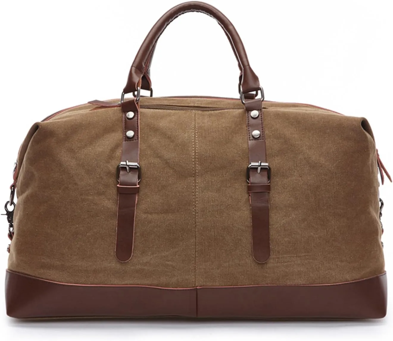Coffee Canvas PU Leather Travel Tote Duffel Bag Carry on Bag Weekender Overnight Bag 21.3'' L x 13'' H x 9.4'' D
