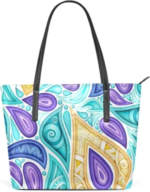 Colored Floral Motifs Tote Bag for Women Leather Shoulder Handbag with Zipper and Pockets Fashion Casual Handle Bag Purse for Travel Beach Working Laptop School Gym Shopping