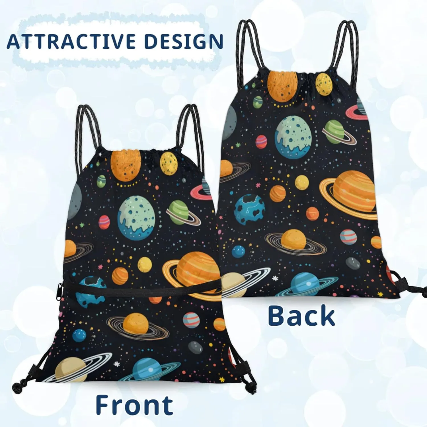 Colorful Planet Pattern Polyester Drawstring Bag with Zipper Pocket, 18x14 Inch Water-Resistant Gym Sack String Backpack for Sports, Travel, Camping