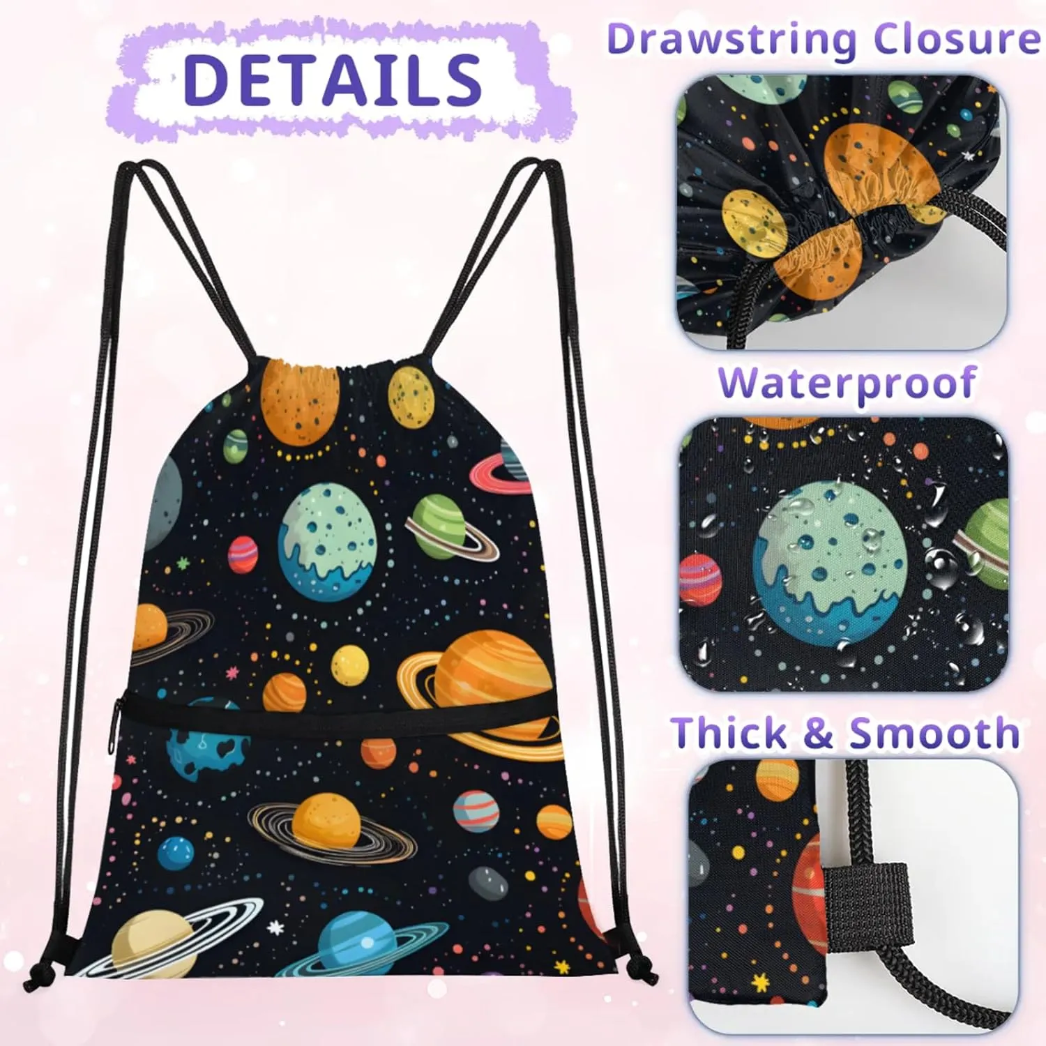 Colorful Planet Pattern Polyester Drawstring Bag with Zipper Pocket, 18x14 Inch Water-Resistant Gym Sack String Backpack for Sports, Travel, Camping