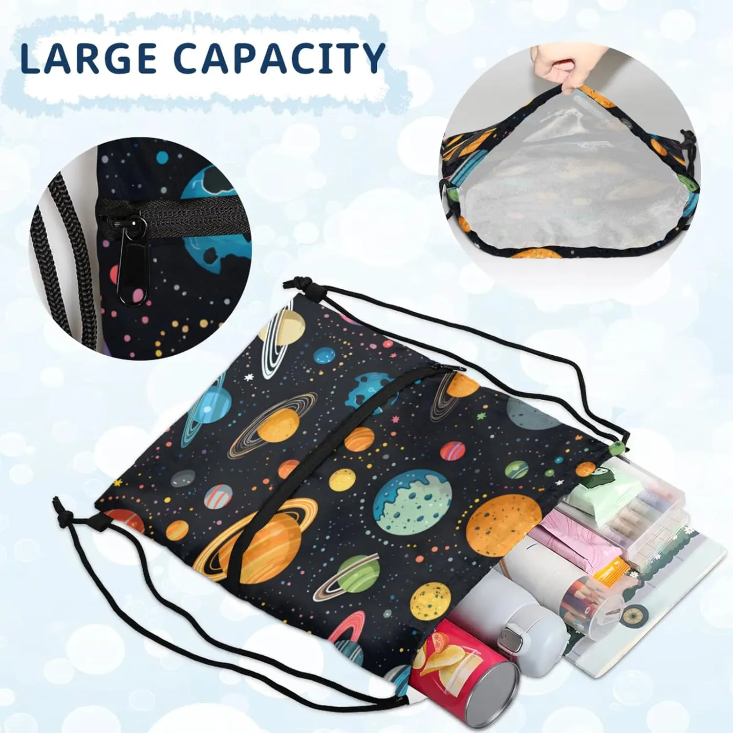 Colorful Planet Pattern Polyester Drawstring Bag with Zipper Pocket, 18x14 Inch Water-Resistant Gym Sack String Backpack for Sports, Travel, Camping