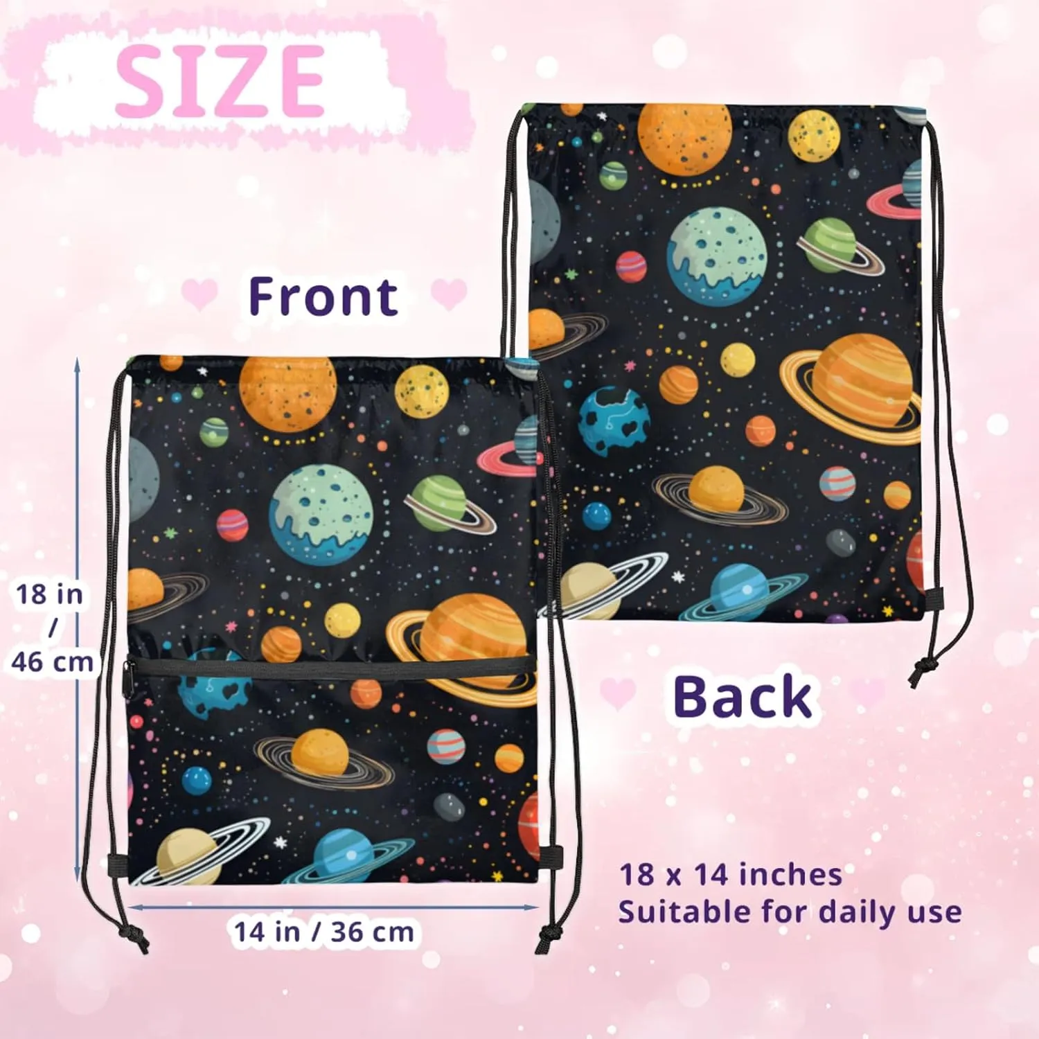 Colorful Planet Pattern Polyester Drawstring Bag with Zipper Pocket, 18x14 Inch Water-Resistant Gym Sack String Backpack for Sports, Travel, Camping