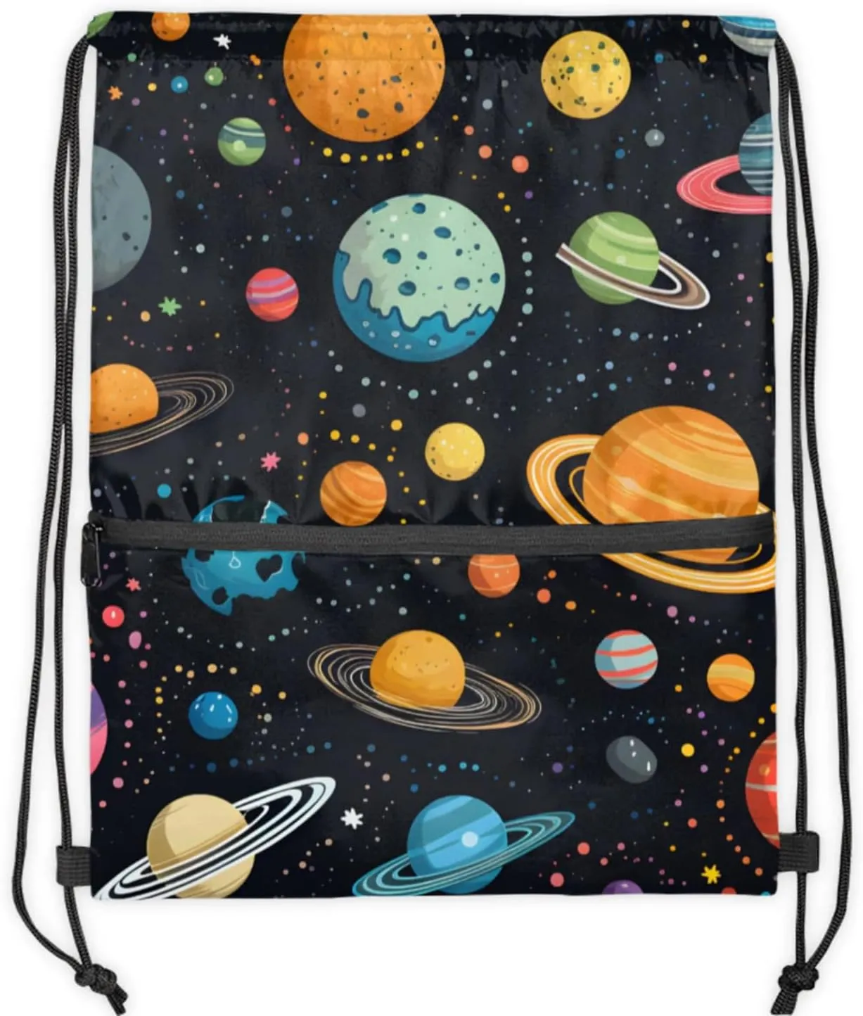 Colorful Planet Pattern Polyester Drawstring Bag with Zipper Pocket, 18x14 Inch Water-Resistant Gym Sack String Backpack for Sports, Travel, Camping