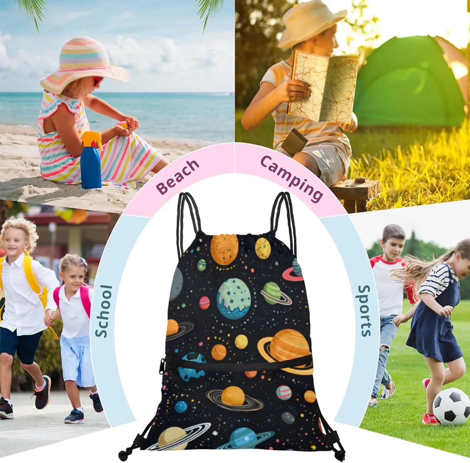 Colorful Planet Pattern Polyester Drawstring Bag with Zipper Pocket, 18x14 Inch Water-Resistant Gym Sack String Backpack for Sports, Travel, Camping