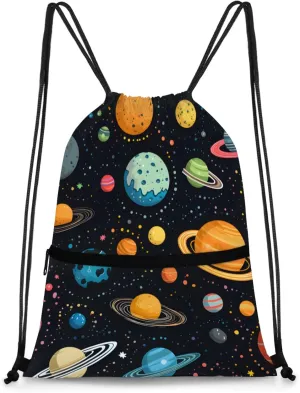 Colorful Planet Pattern Polyester Drawstring Bag with Zipper Pocket, 18x14 Inch Water-Resistant Gym Sack String Backpack for Sports, Travel, Camping