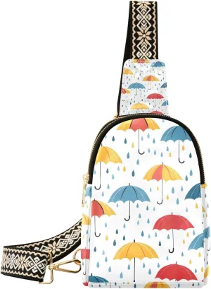 Colorful Umbrellas Rain Drops Backpack Sling Bag for Women Crossbody Bags Small Cross Body Bags Leather Travel Chest Bag Purse Casual Daypack