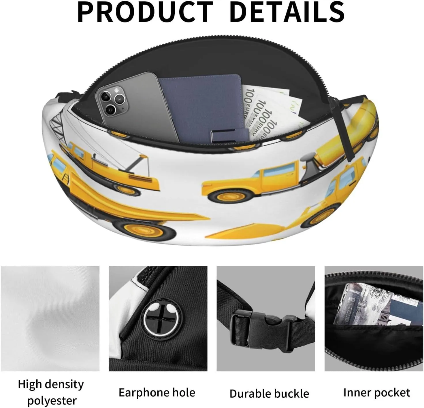 Construction Vehicles Machinery Trucks Fanny Pack, Crossbody Waist Packs for Women Men Waist Bags with Adjustable Strap for Travel Running Hiking Sport