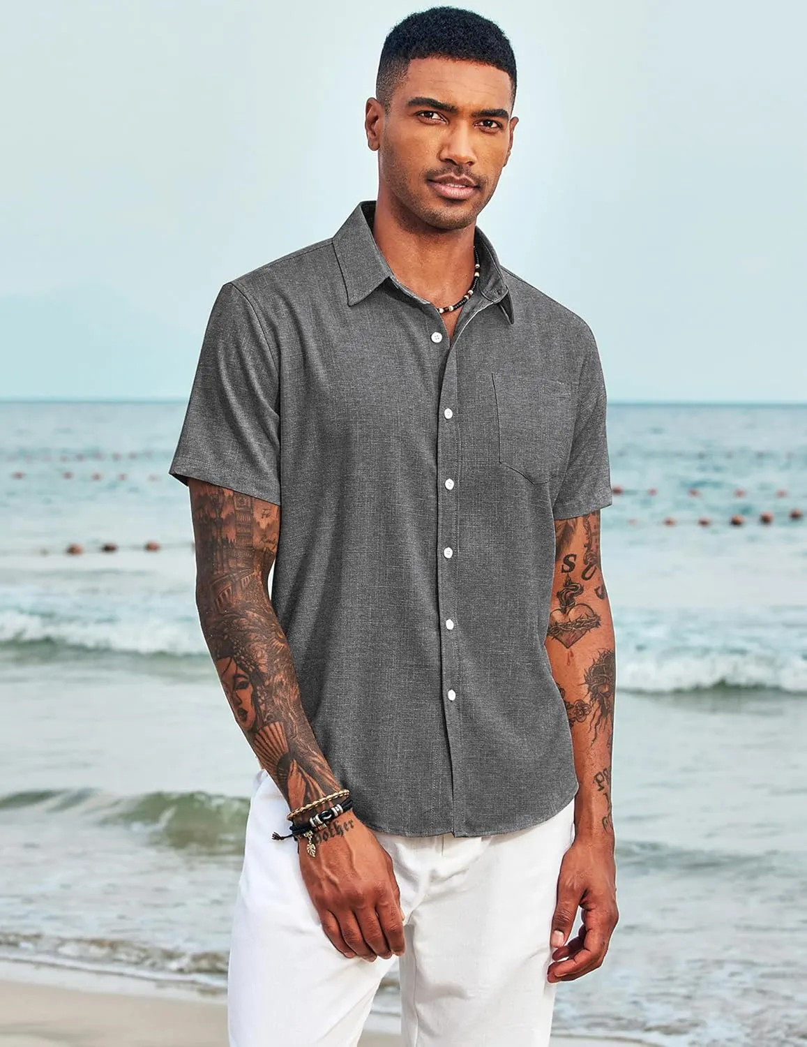 COOFANDY Men's Casual Button Down Shirts Short Sleeve Linen Shirts Summer Beach Dress Shirt