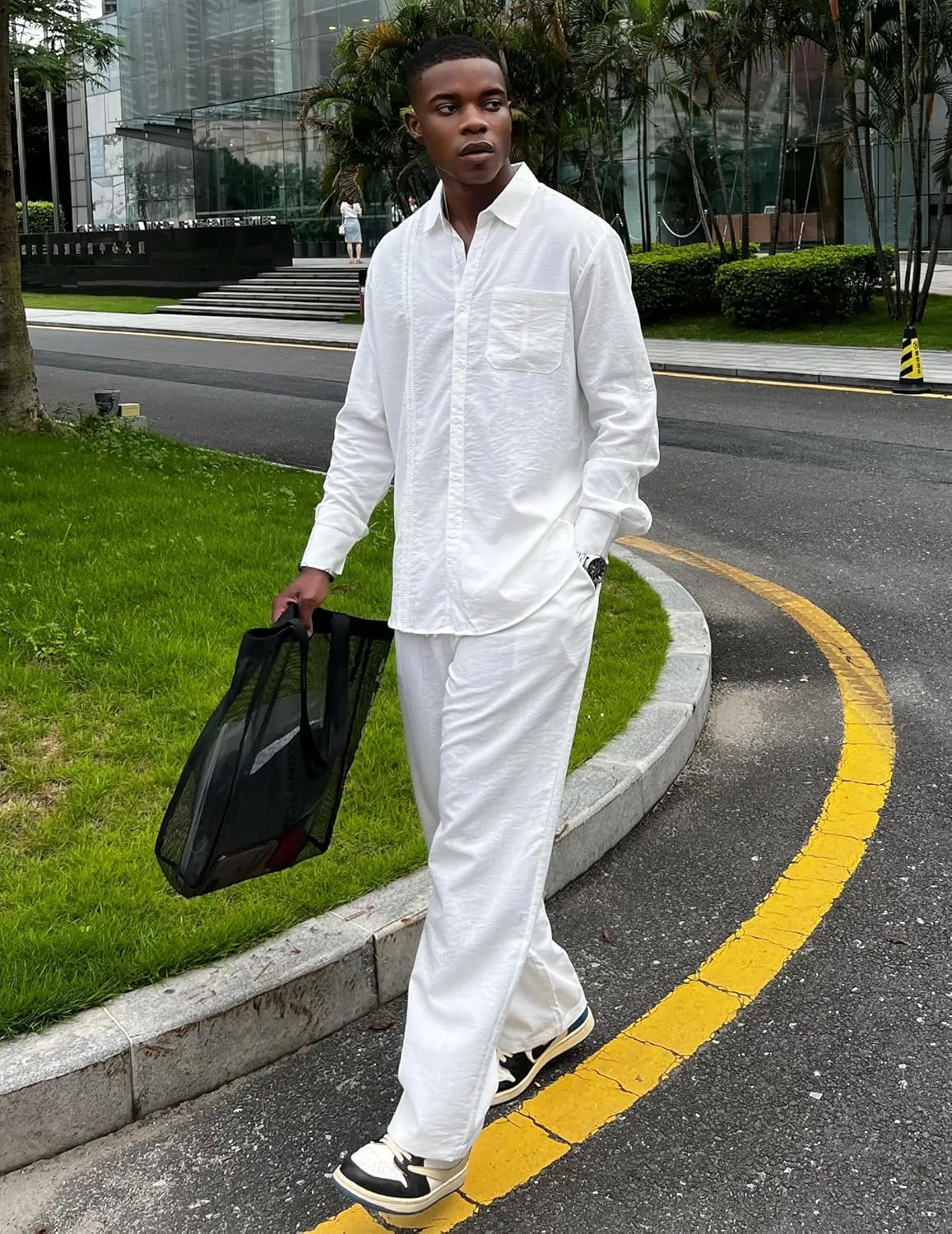 COOFANDY Mens Linen Sets 2 Piece Long Sleeve Button Down Cuban Shirt and Pants Set Summer Beach Set Outfits