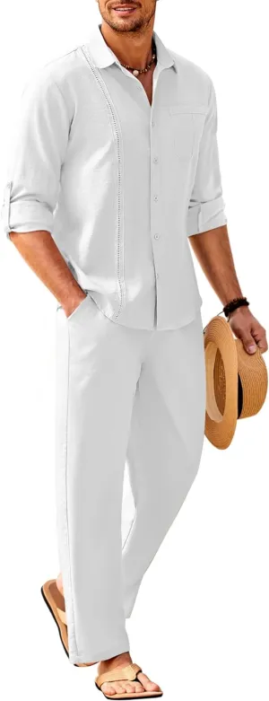 COOFANDY Mens Linen Sets 2 Piece Long Sleeve Button Down Cuban Shirt and Pants Set Summer Beach Set Outfits
