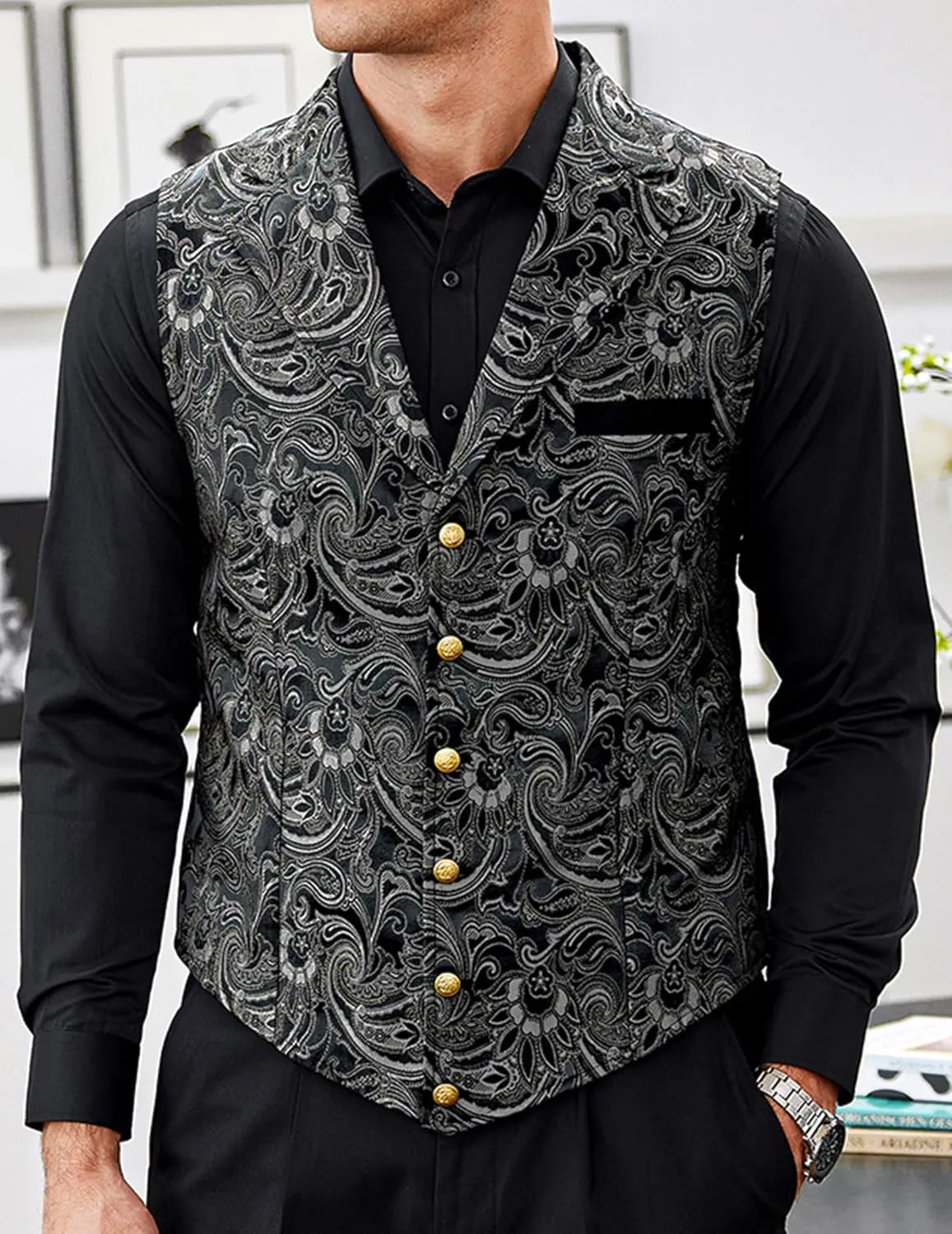 COOFANDY Mens Suit Vest Paisley Floral Victorian Vests Gothic Steampunk Formal Waistcoat Tuxedo Vests with Notched Lapels