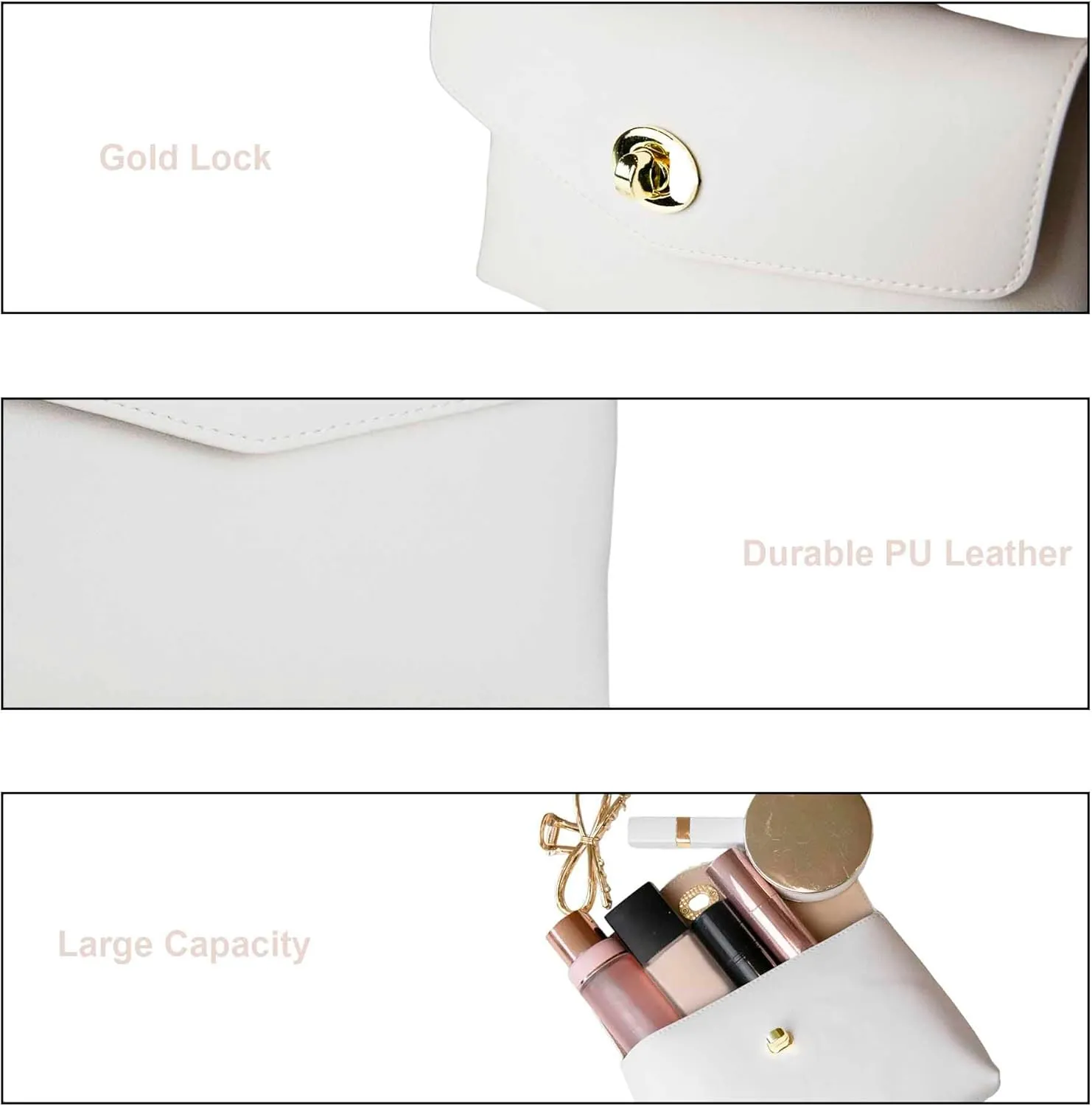 Cosmetic Bag Travel Makeup Pouch Travel Organizer, Zipper Pouch Bags for Women Vegan Leather (Coconut Milk)