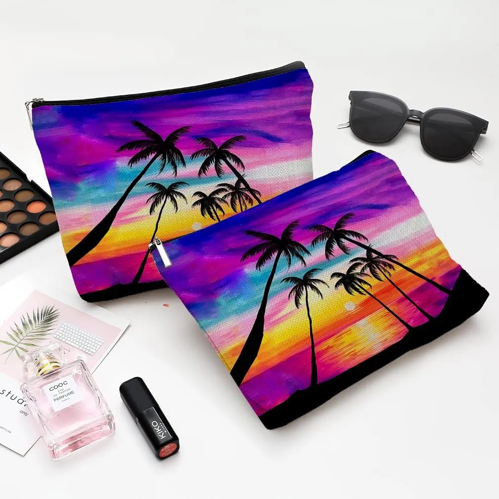 Cosmetic Bags for Women - Travel Makeup Bag - Canvas - Waterproof - Sunset Coconut Palm - Red