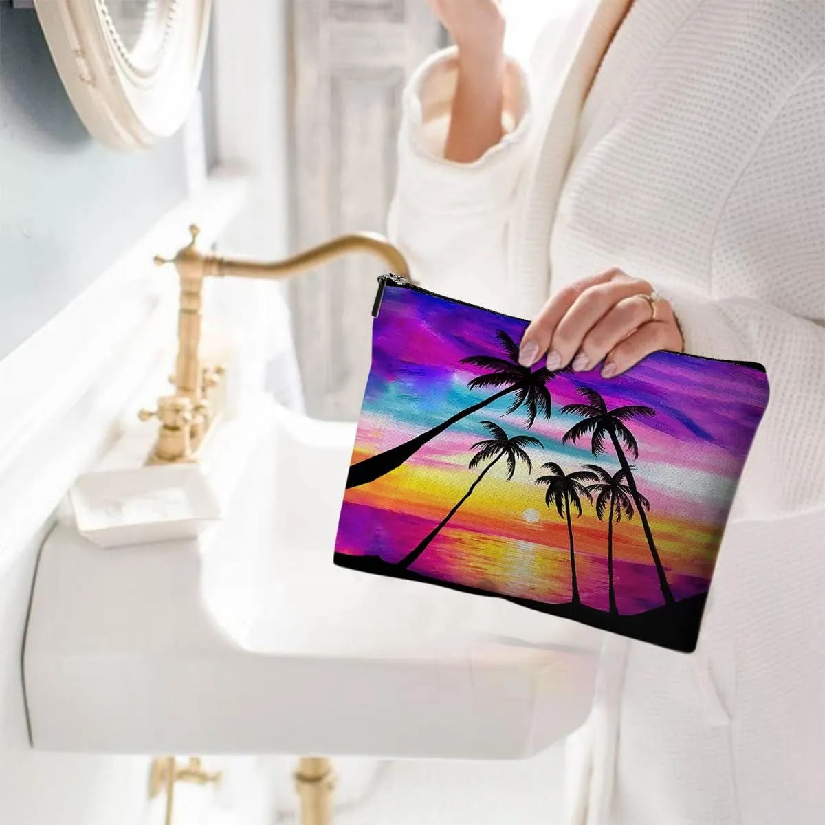 Cosmetic Bags for Women - Travel Makeup Bag - Canvas - Waterproof - Sunset Coconut Palm - Red