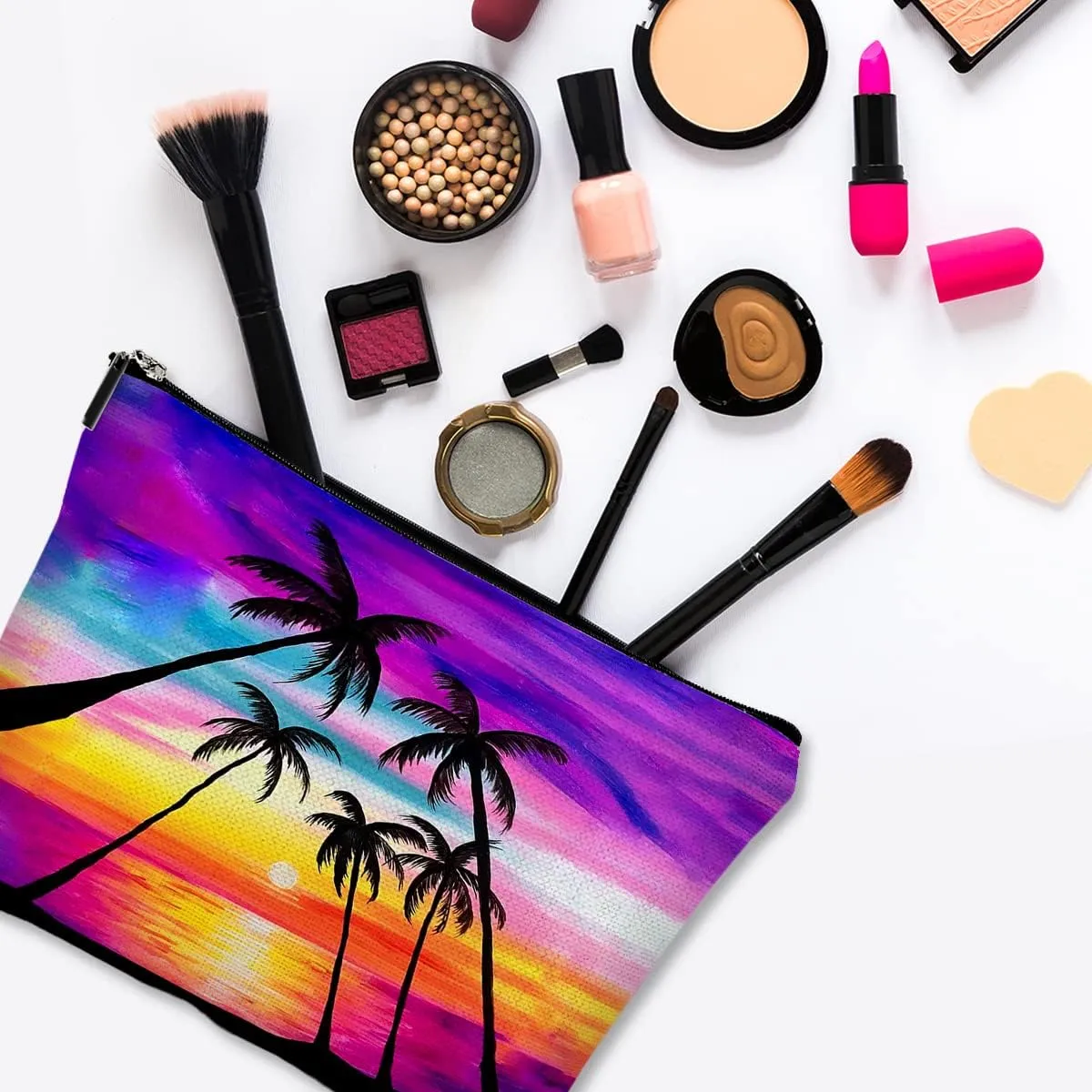 Cosmetic Bags for Women - Travel Makeup Bag - Canvas - Waterproof - Sunset Coconut Palm - Red