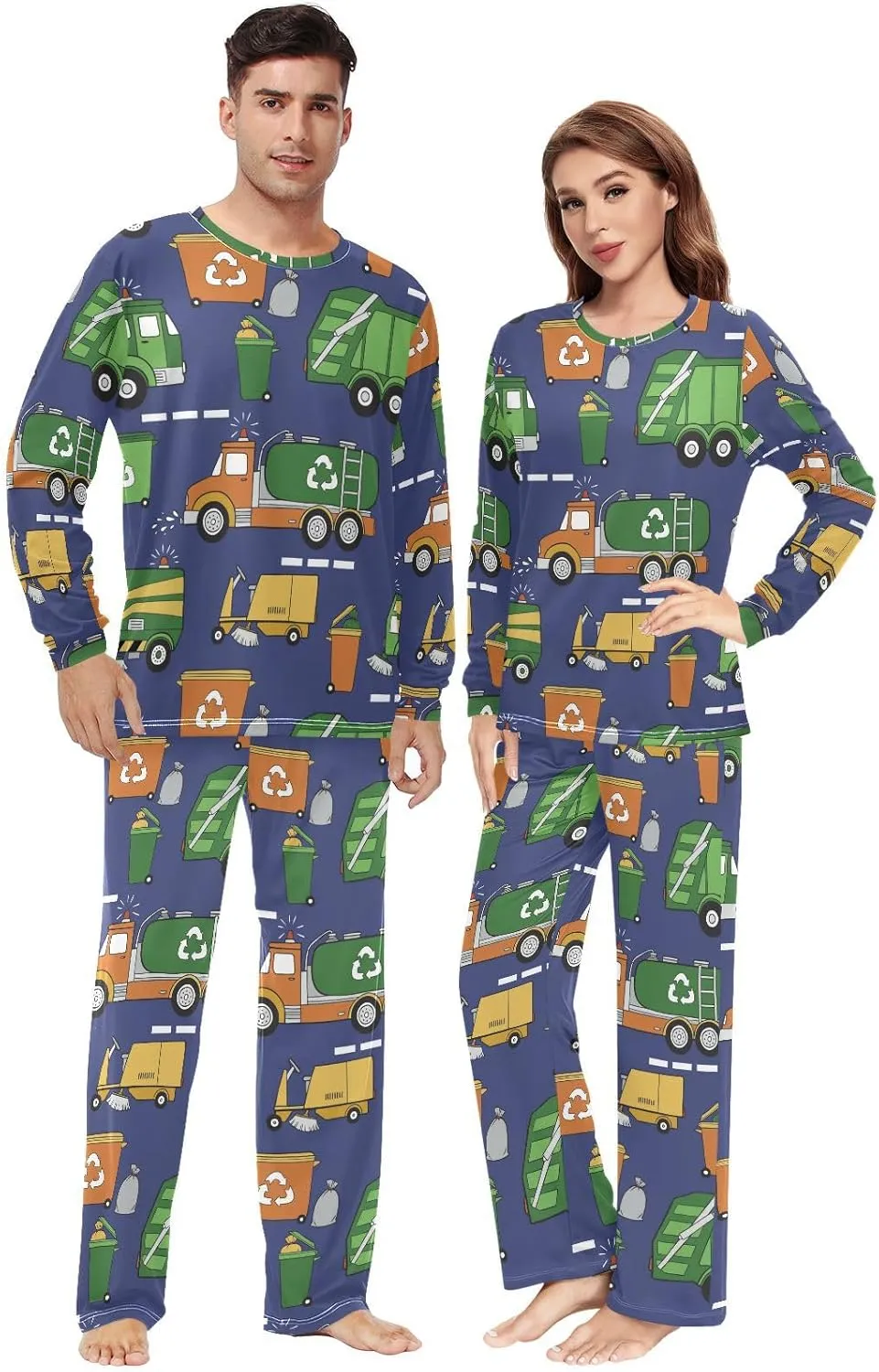 Couples Matching Pajamas Set Hand Drawn Garbage Trucks Pajama Set for Men & Women Long Sleeve Sleepwear with Pockets