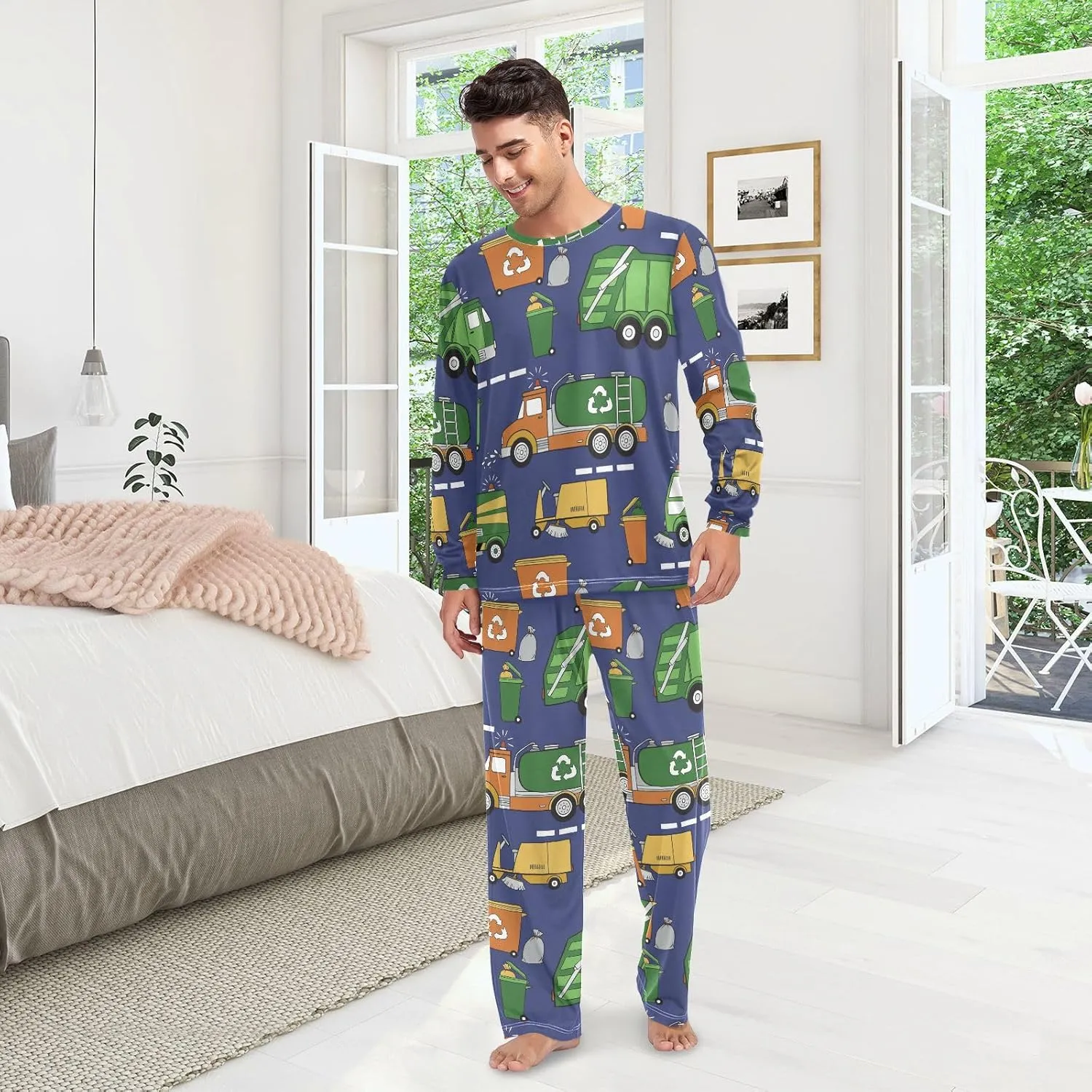 Couples Matching Pajamas Set Hand Drawn Garbage Trucks Pajama Set for Men & Women Long Sleeve Sleepwear with Pockets