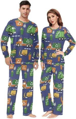 Couples Matching Pajamas Set Hand Drawn Garbage Trucks Pajama Set for Men & Women Long Sleeve Sleepwear with Pockets