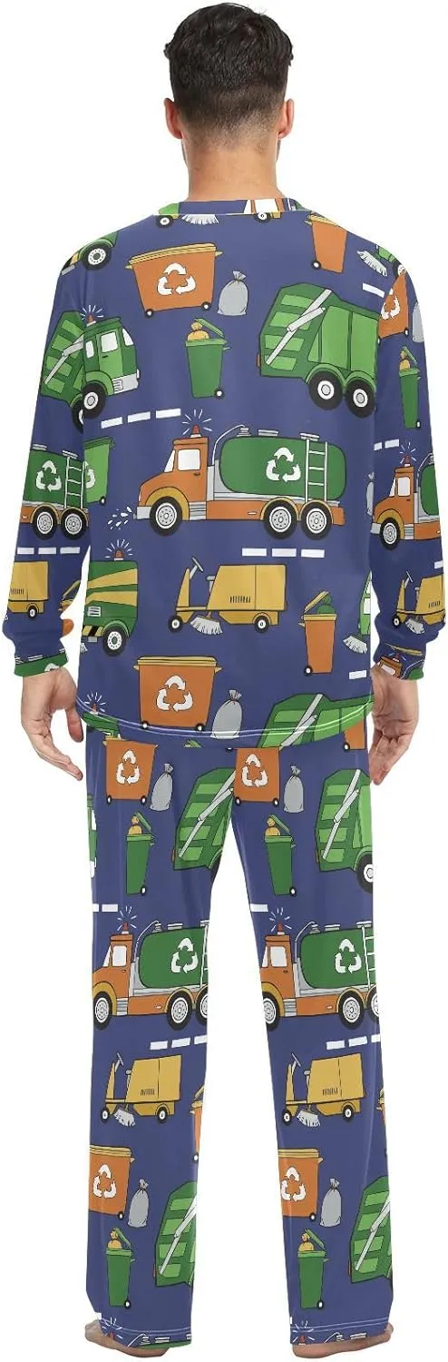 Couples Matching Pajamas Set Hand Drawn Garbage Trucks Pajama Set for Men & Women Long Sleeve Sleepwear with Pockets