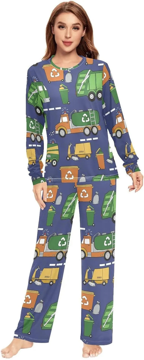 Couples Matching Pajamas Set Hand Drawn Garbage Trucks Pajama Set for Men & Women Long Sleeve Sleepwear with Pockets