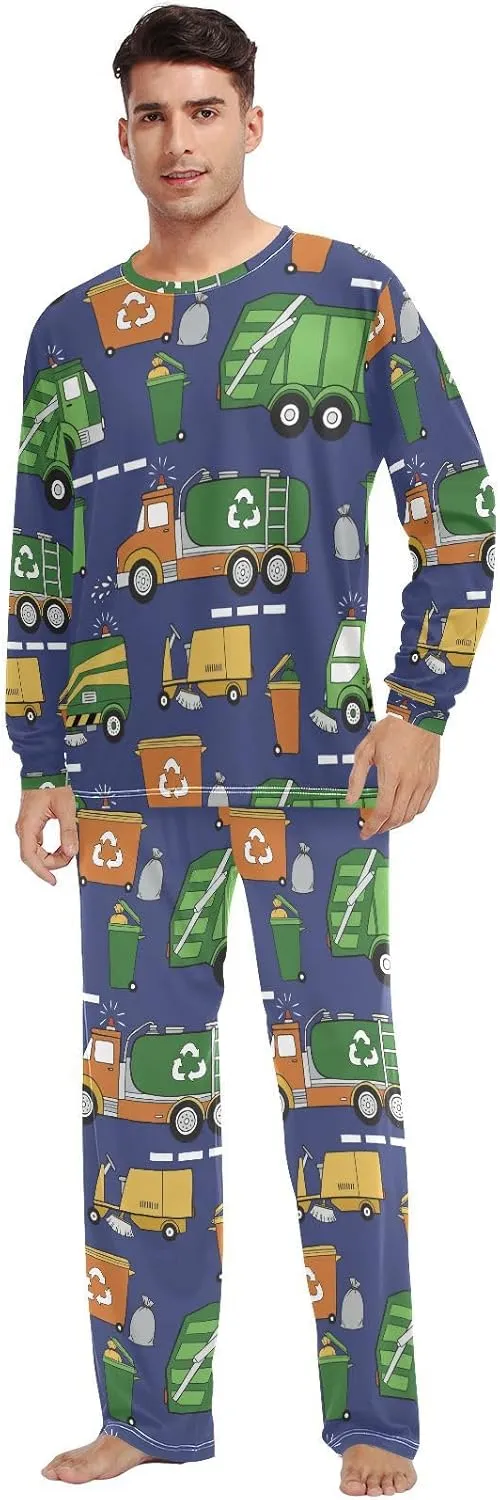Couples Matching Pajamas Set Hand Drawn Garbage Trucks Pajama Set for Men & Women Long Sleeve Sleepwear with Pockets