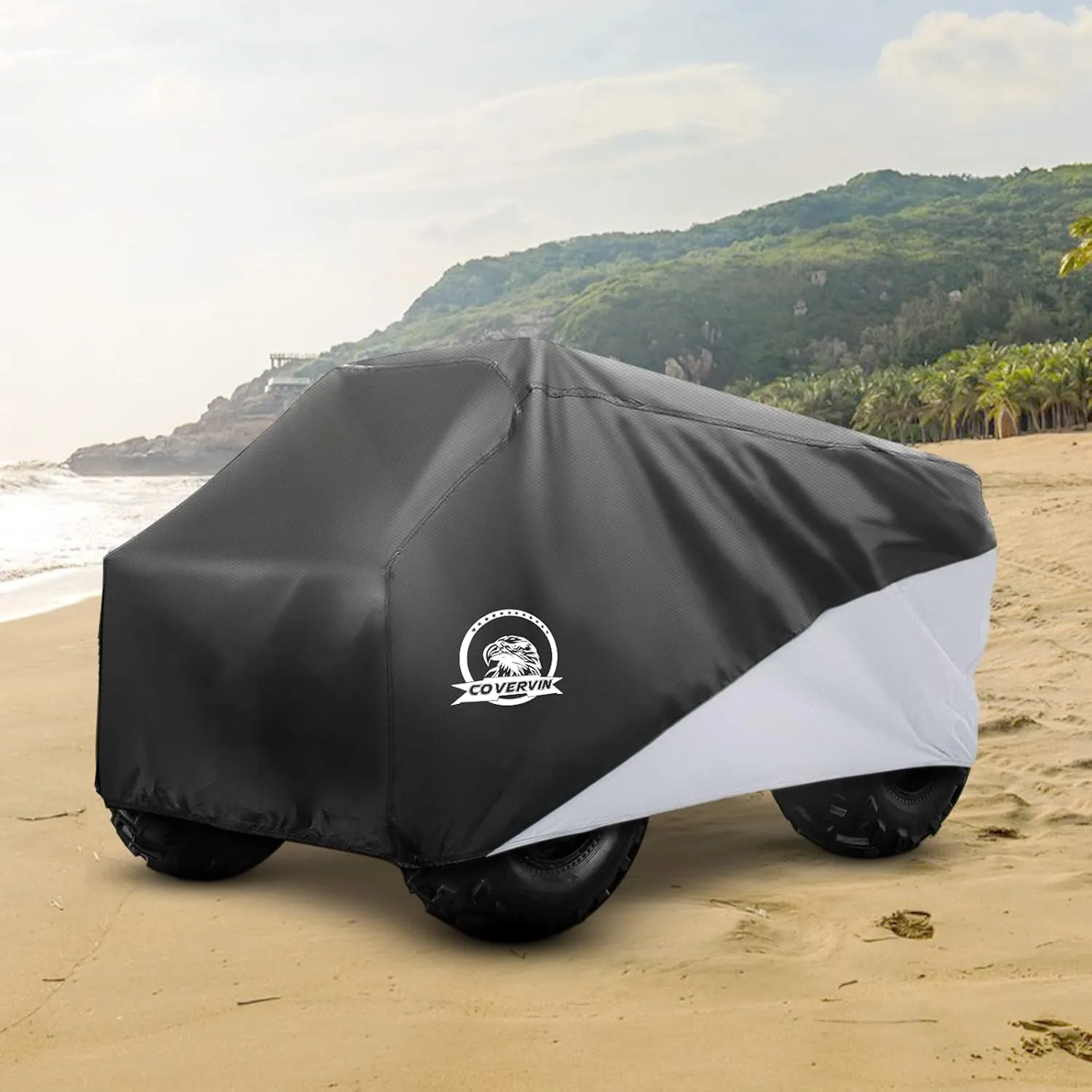 COVERVIN ATV Cover, Heavy Duty Waterproof Oxford Fabric Protective 4 Wheeler Quad Cover for 86" Kawasaki Honda Polaris Yamaha (Black&Silver)