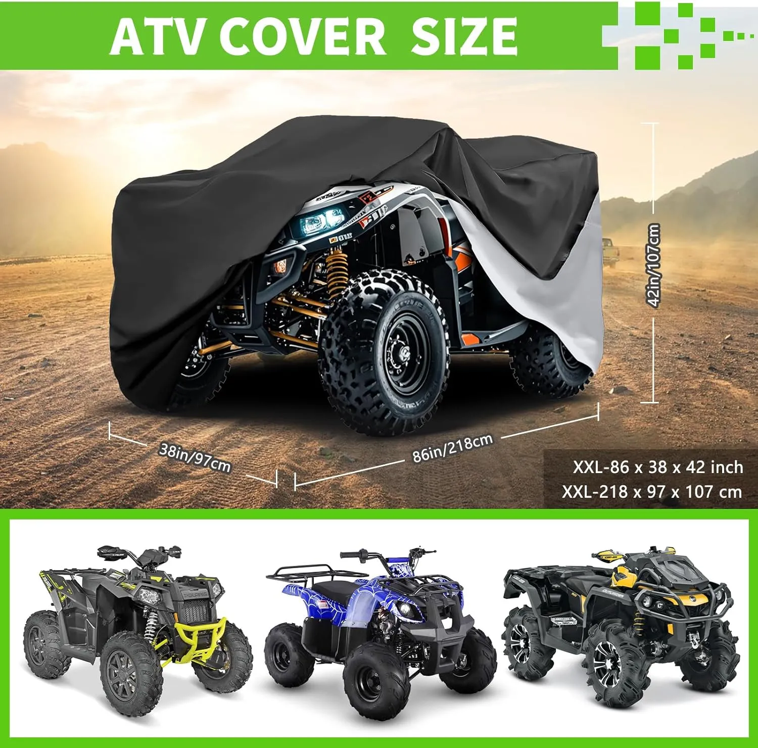 COVERVIN ATV Cover, Heavy Duty Waterproof Oxford Fabric Protective 4 Wheeler Quad Cover for 86" Kawasaki Honda Polaris Yamaha (Black&Silver)