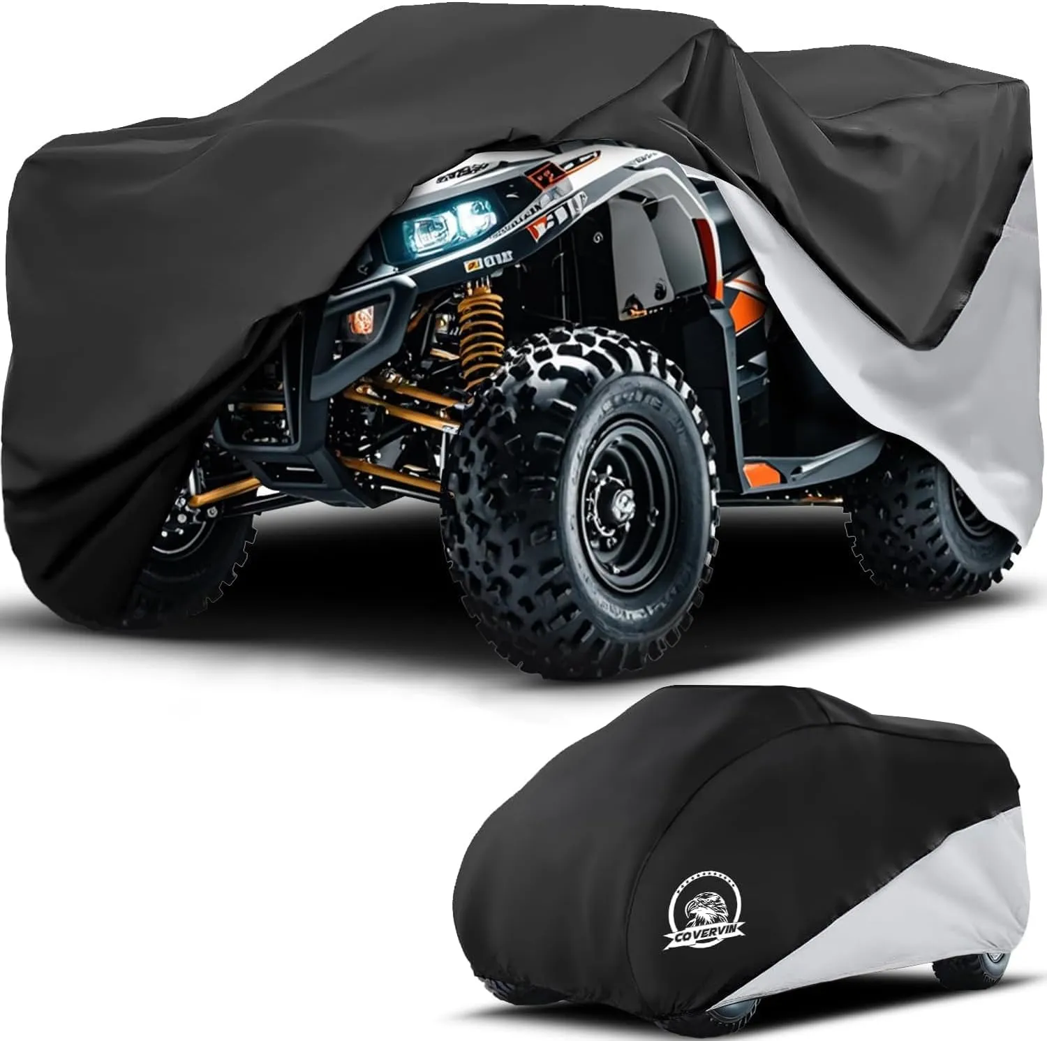 COVERVIN ATV Cover, Heavy Duty Waterproof Oxford Fabric Protective 4 Wheeler Quad Cover for 86" Kawasaki Honda Polaris Yamaha (Black&Silver)