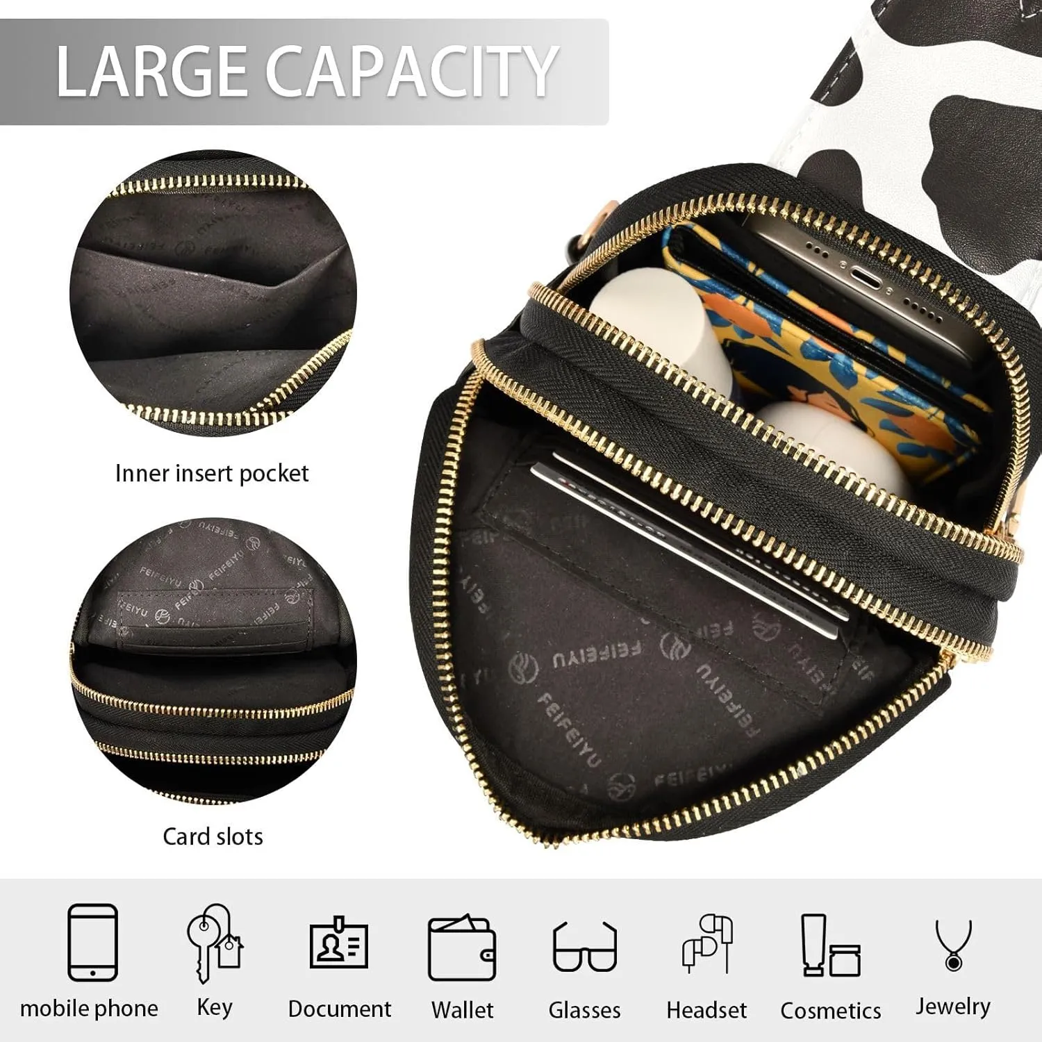 Cow Print Waist Packs Fashion Sling Bags Leather Crossbody Bag with Strap for Womem Men