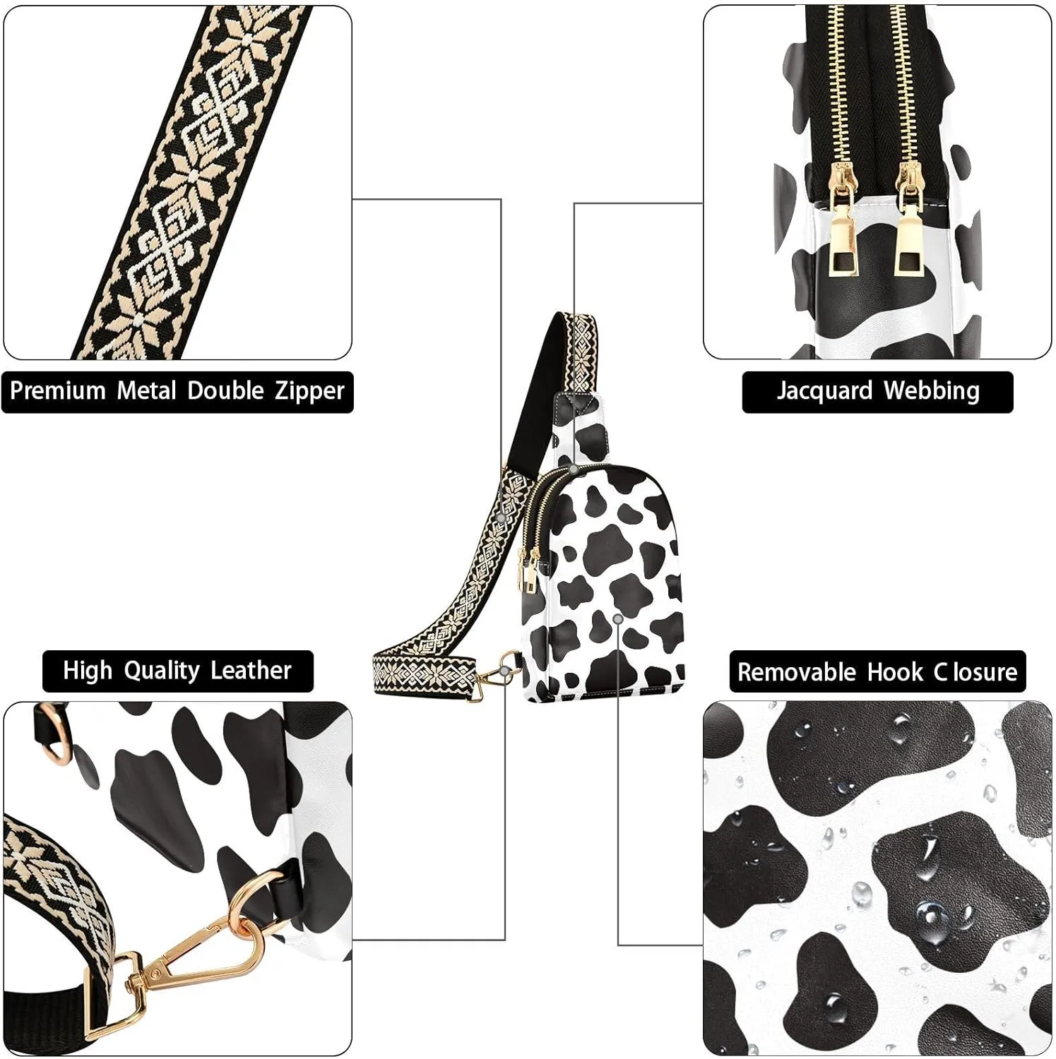 Cow Print Waist Packs Fashion Sling Bags Leather Crossbody Bag with Strap for Womem Men