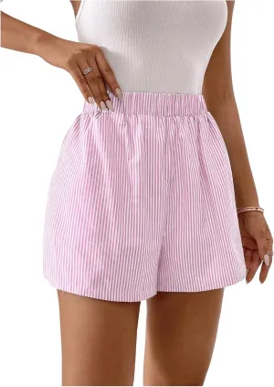 COZYEASE Women's Striped Print Elastic High Waisted Shorts Casual Wide Leg Summer Boxer Shorts with Pockets